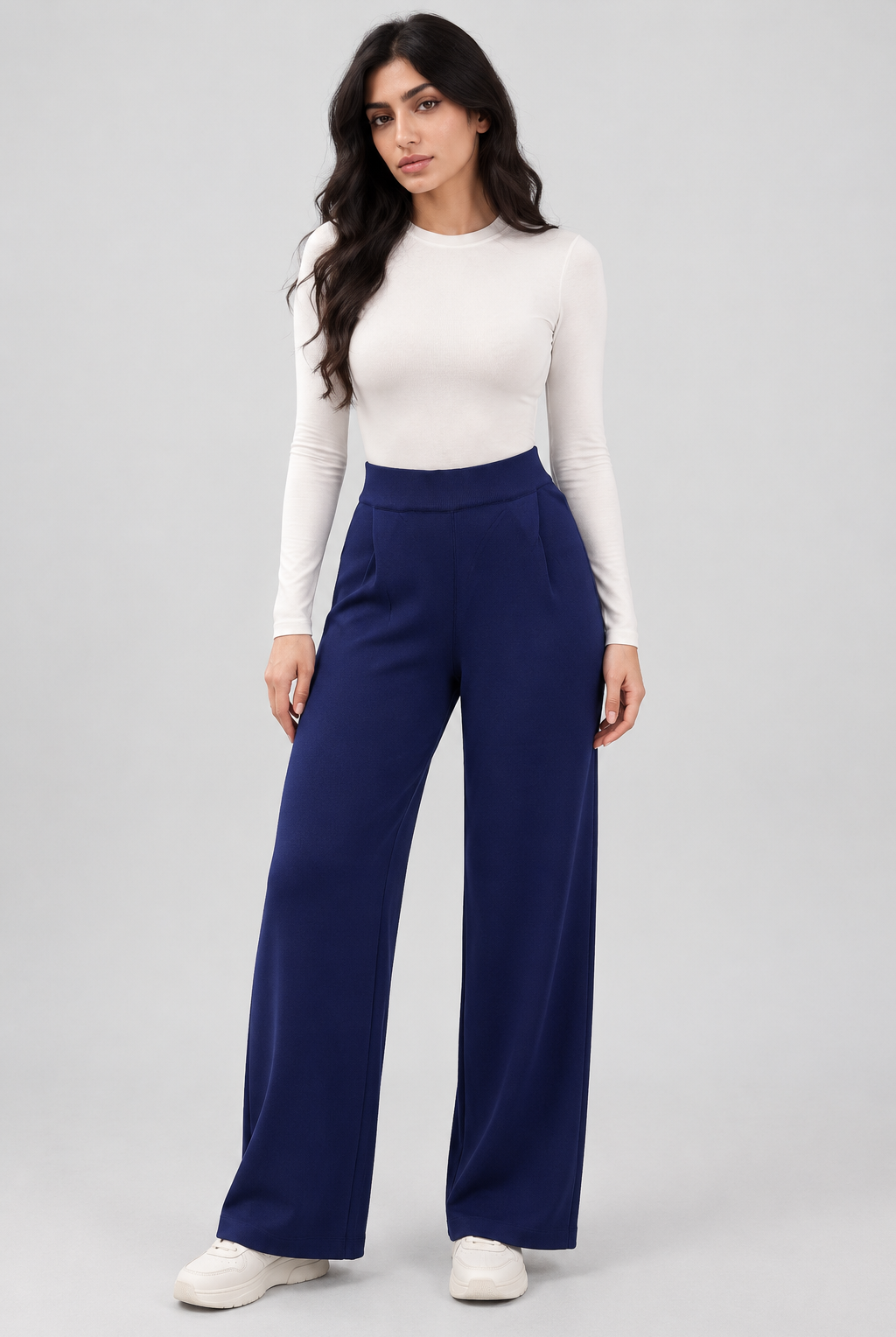 Helya, blue pants, garment-focused front