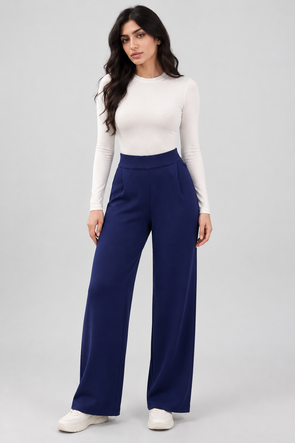 Helya, blue pants, garment-focused front