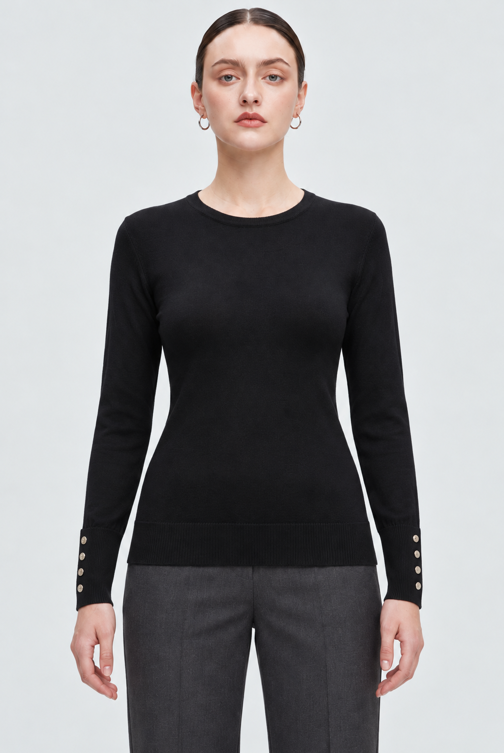 MA0762W264CDY black long sleeve top on Alice - garment-focused front