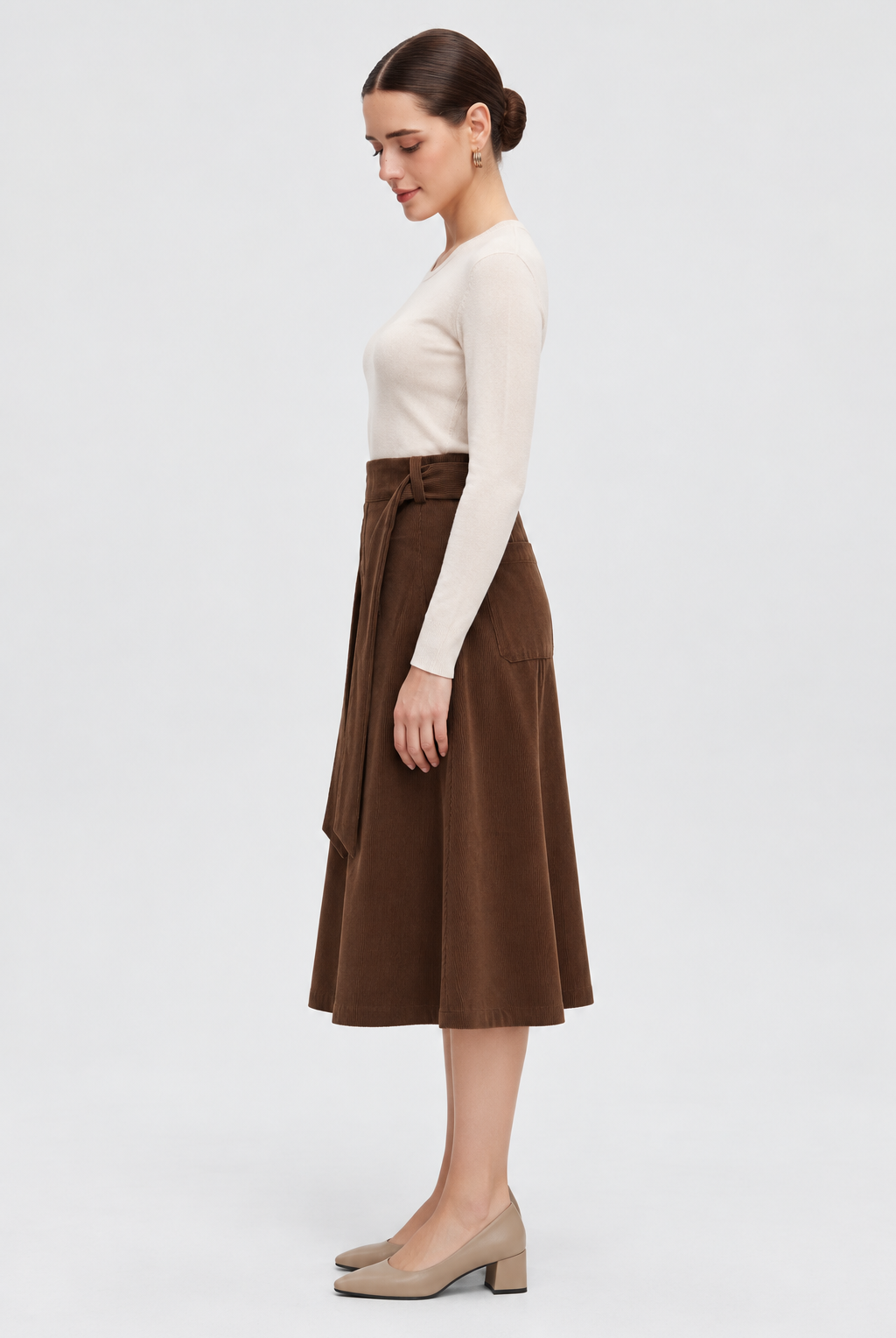 MA0873W264WN brown corduroy skirt, side view