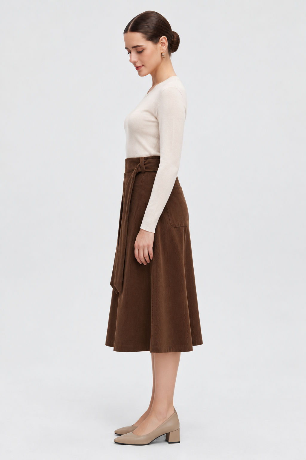 MA0873W264WN brown corduroy skirt, side view