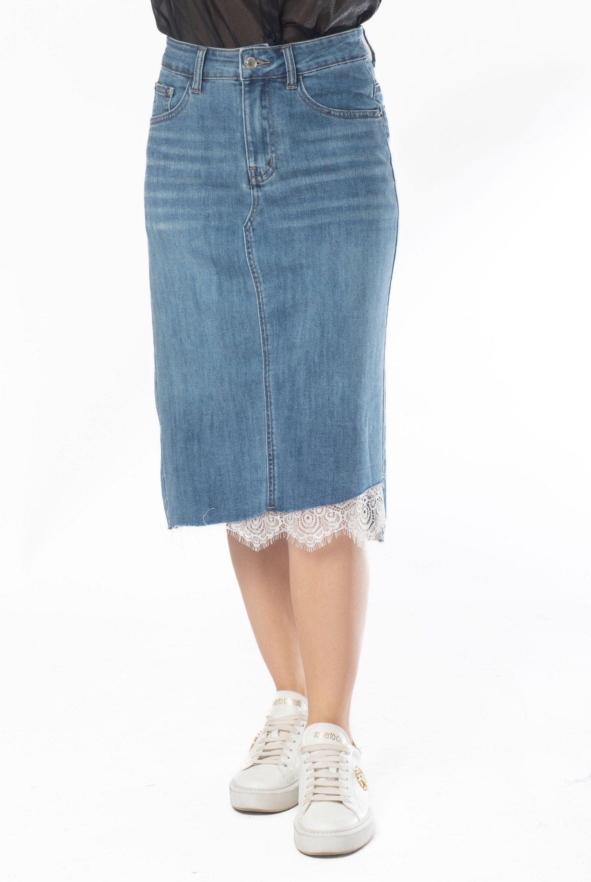 ميكا تنورة ميدي جينز مزين بالدانتيل نسائي