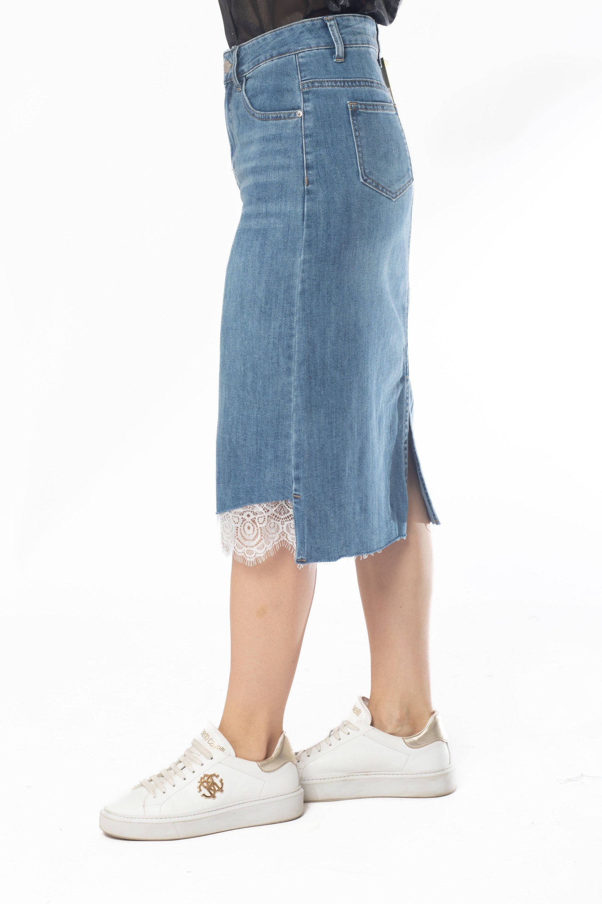 ميكا تنورة ميدي جينز مزين بالدانتيل نسائي