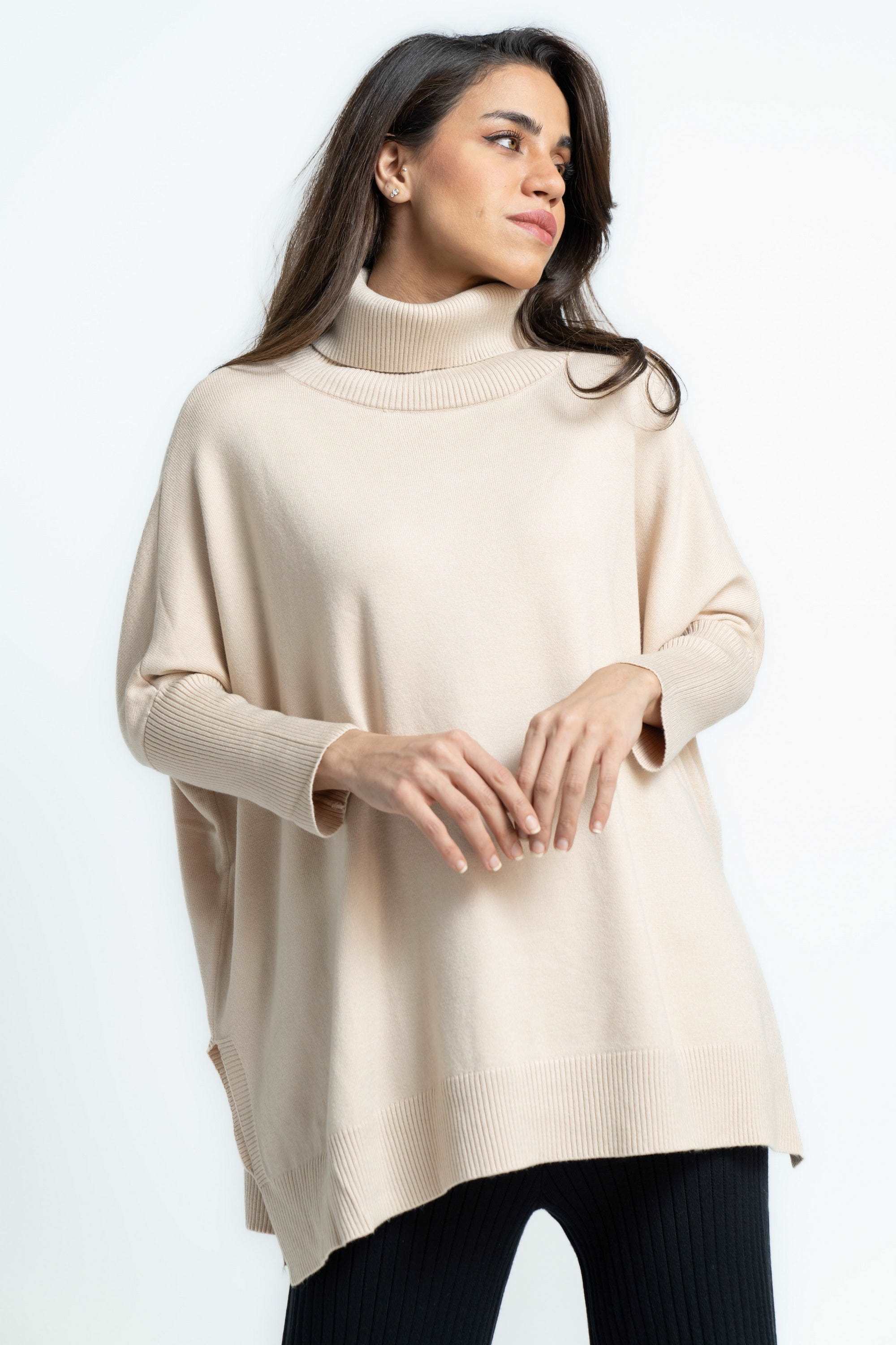 بلوفر نسائى برقبة عالية سادة كم طويل