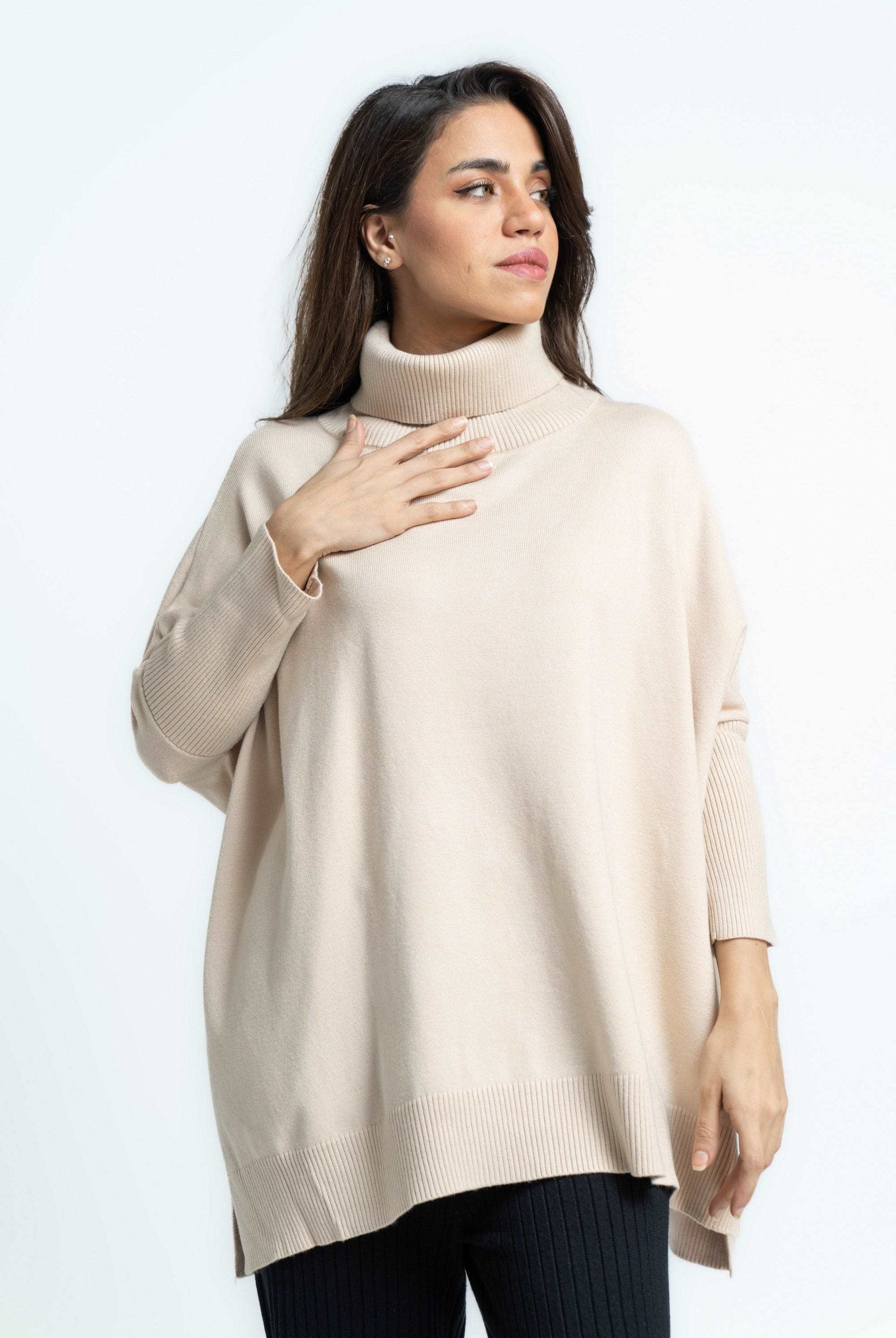 بلوفر نسائى برقبة عالية سادة كم طويل