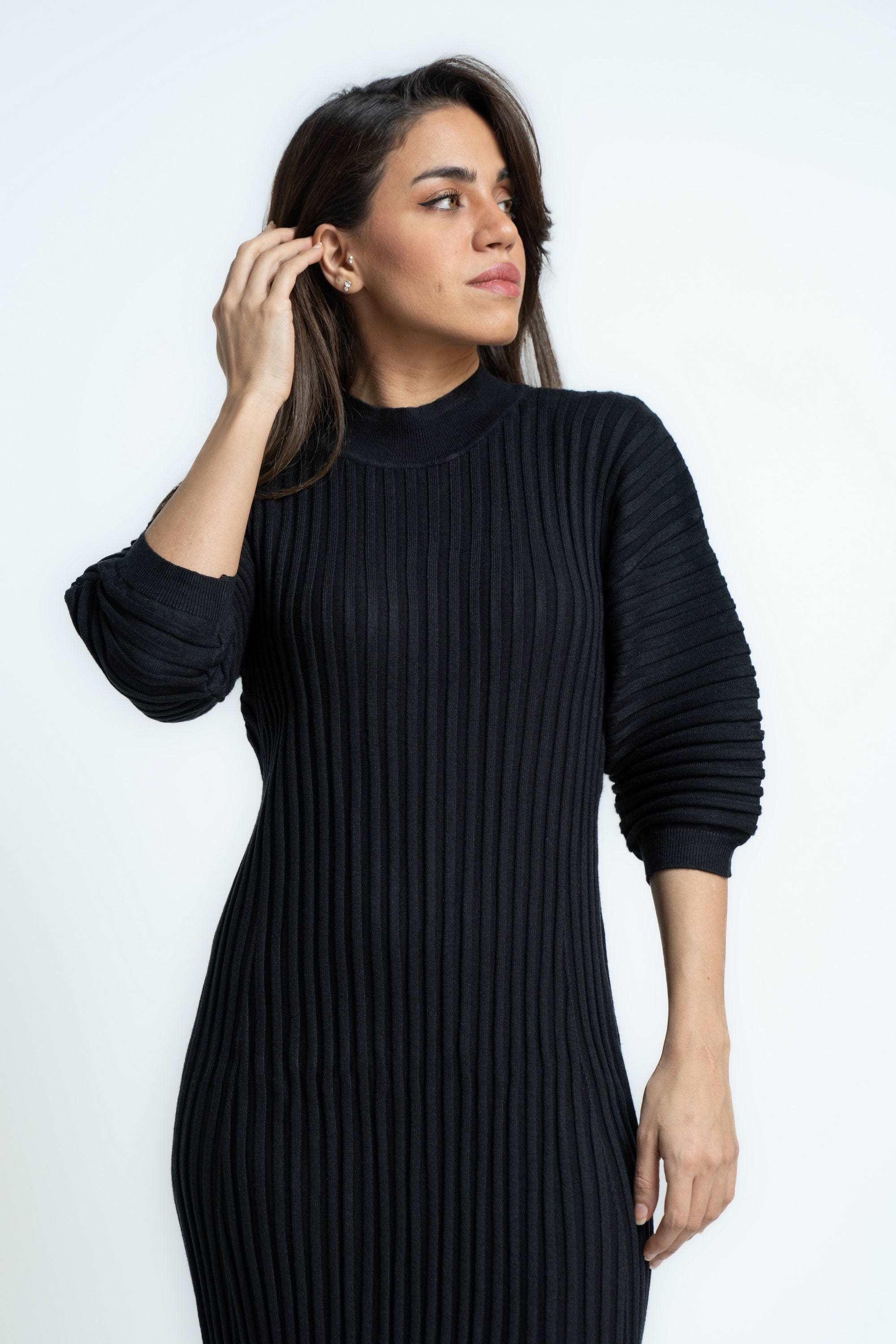 فستان ميدى سادة مضلع بأكمام 3/4