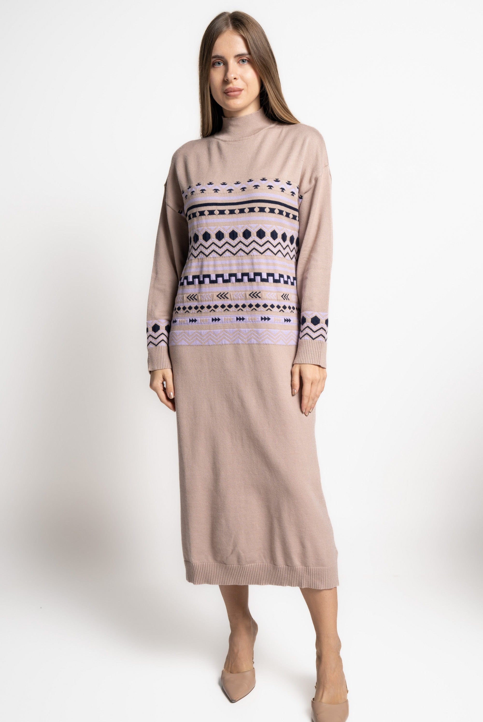 ميكا فستان نسائي ميدى كم طويل مطرز برقبة مقفولة