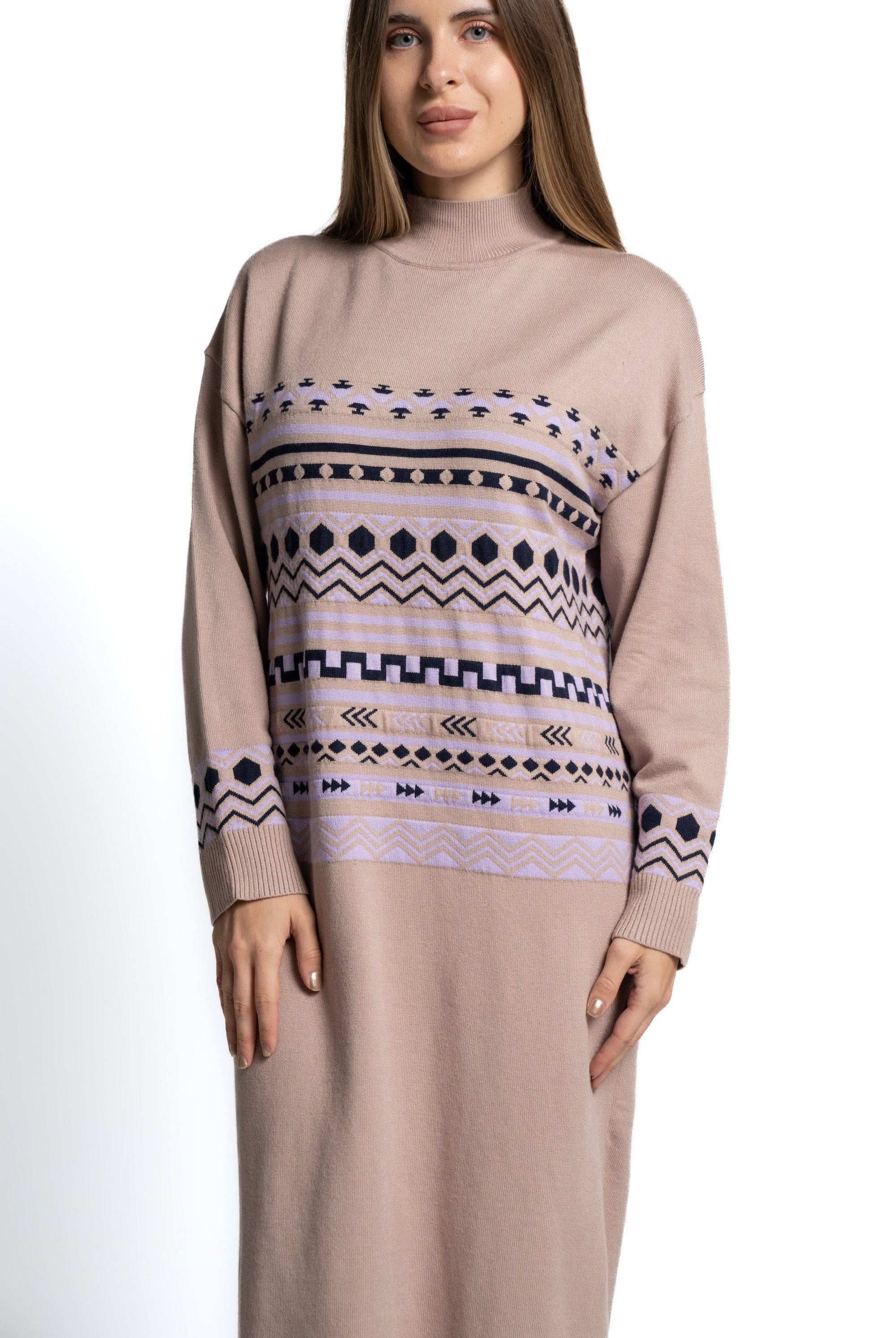 ميكا فستان نسائي ميدى كم طويل مطرز برقبة مقفولة