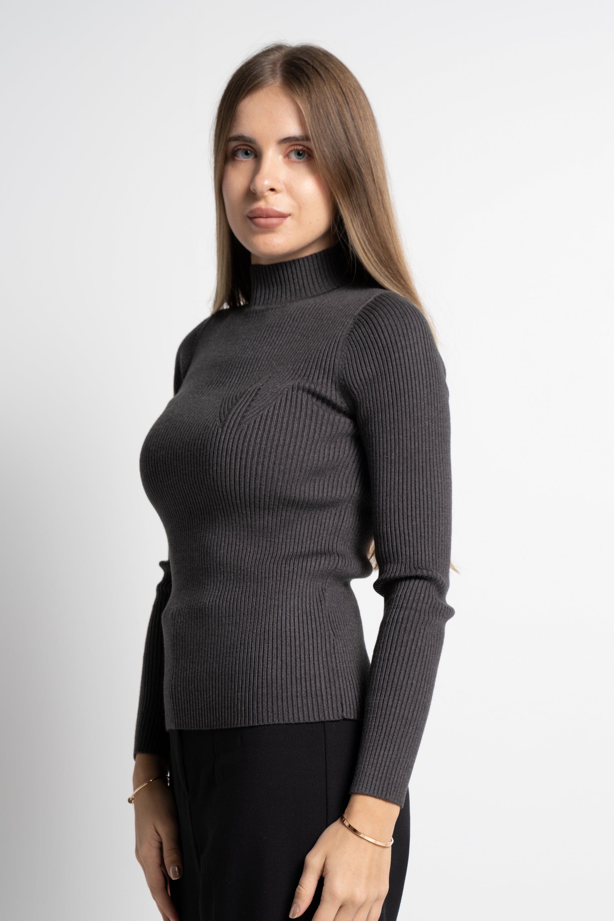 ميكا بلوفر بيزك برقبة سادة مضلع كم طويل نسائي