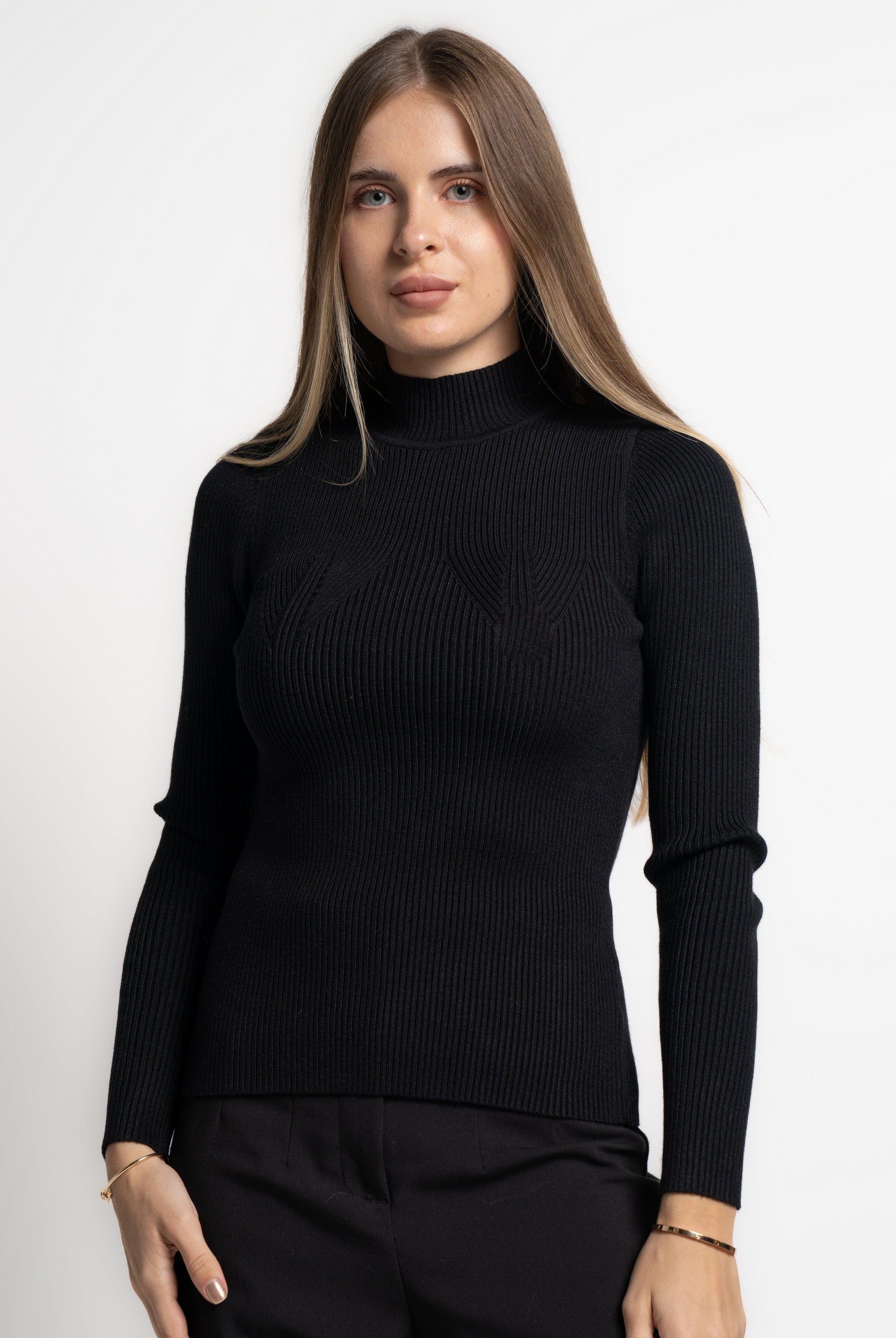 ميكا بلوفر بيزك برقبة سادة مضلع كم طويل نسائي