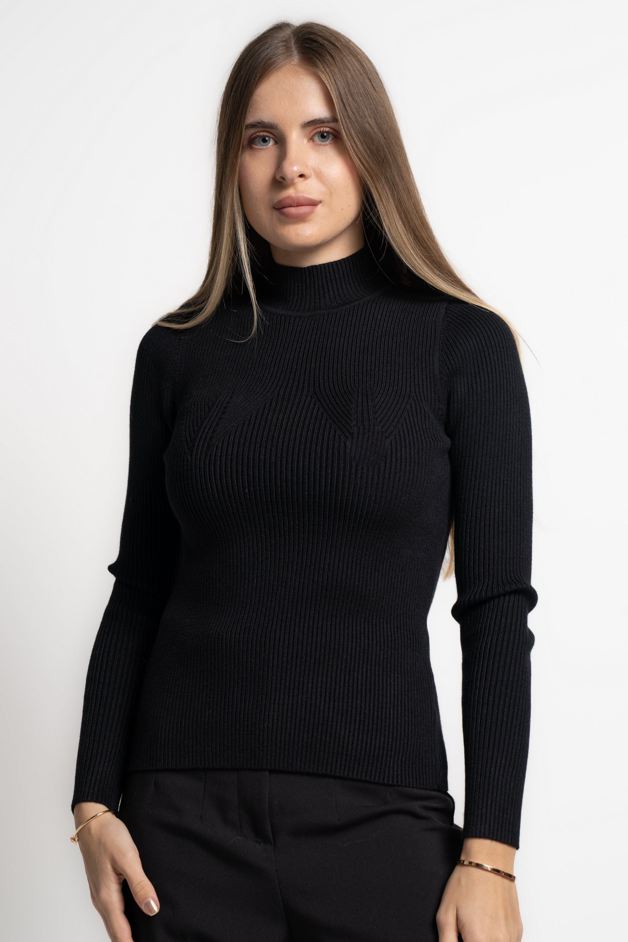 ميكا بلوفر بيزك برقبة سادة مضلع كم طويل نسائي