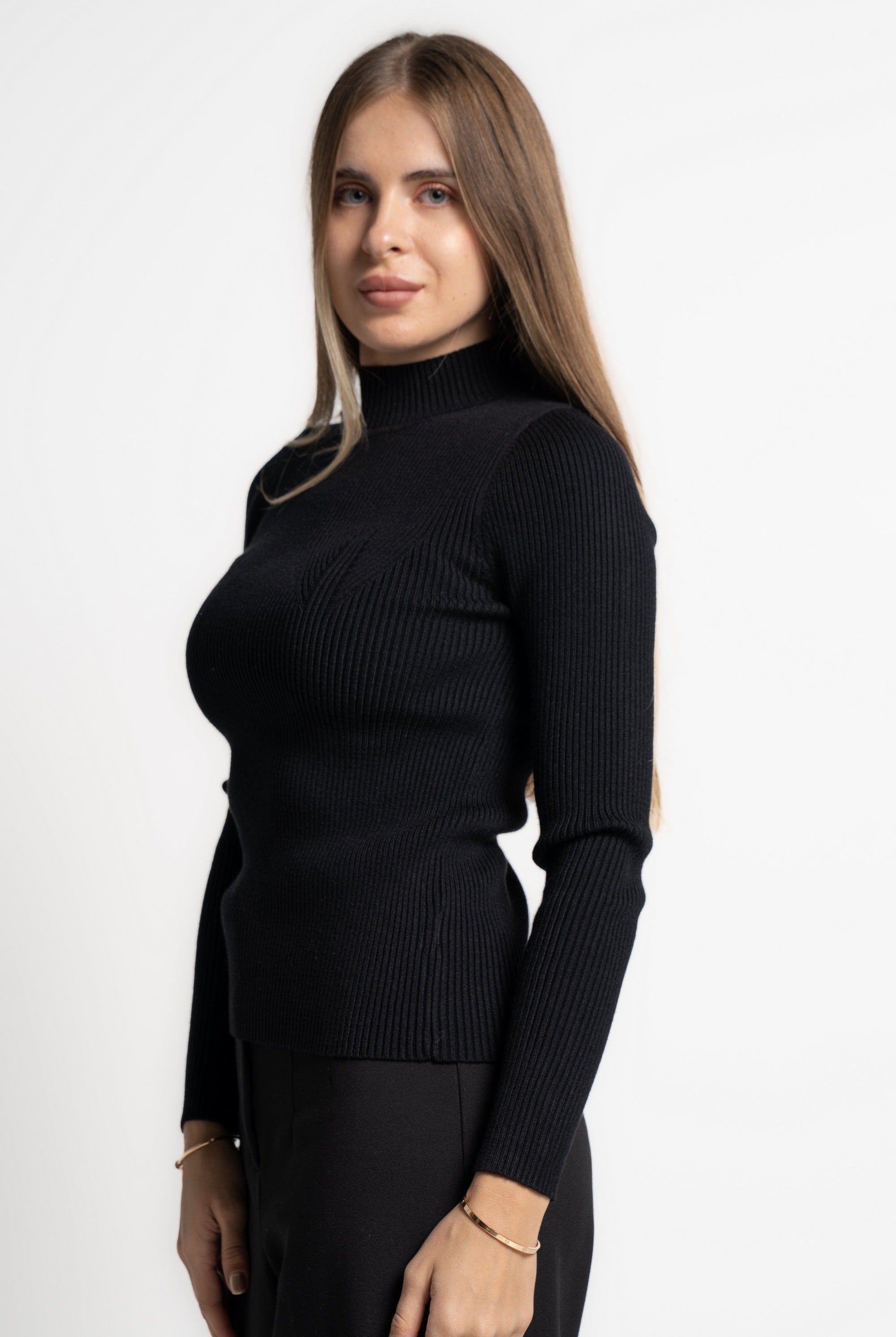 ميكا بلوفر بيزك برقبة سادة مضلع كم طويل نسائي