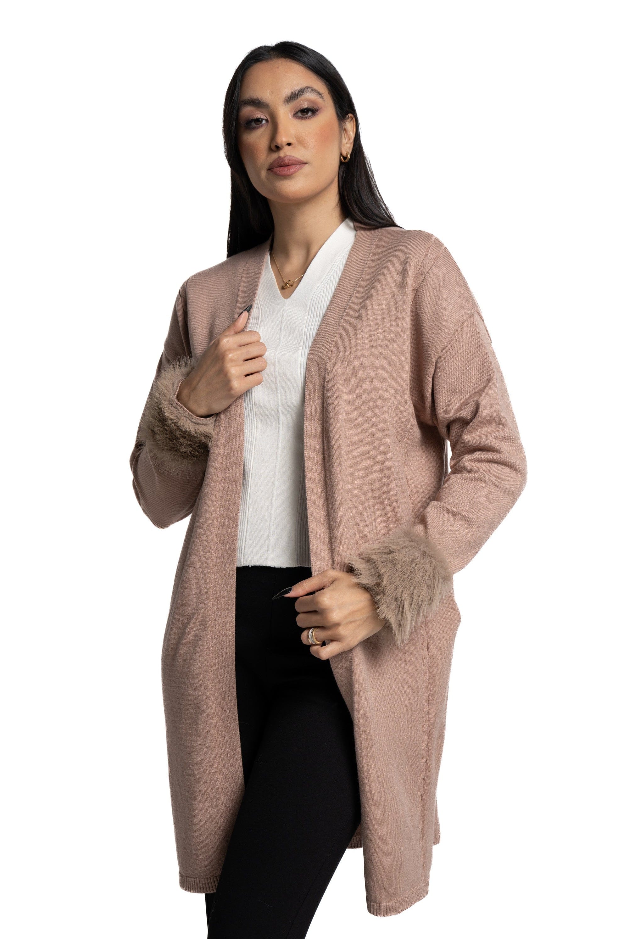 ميكا كارديجان طويل رسمى سادة مزين بفرو