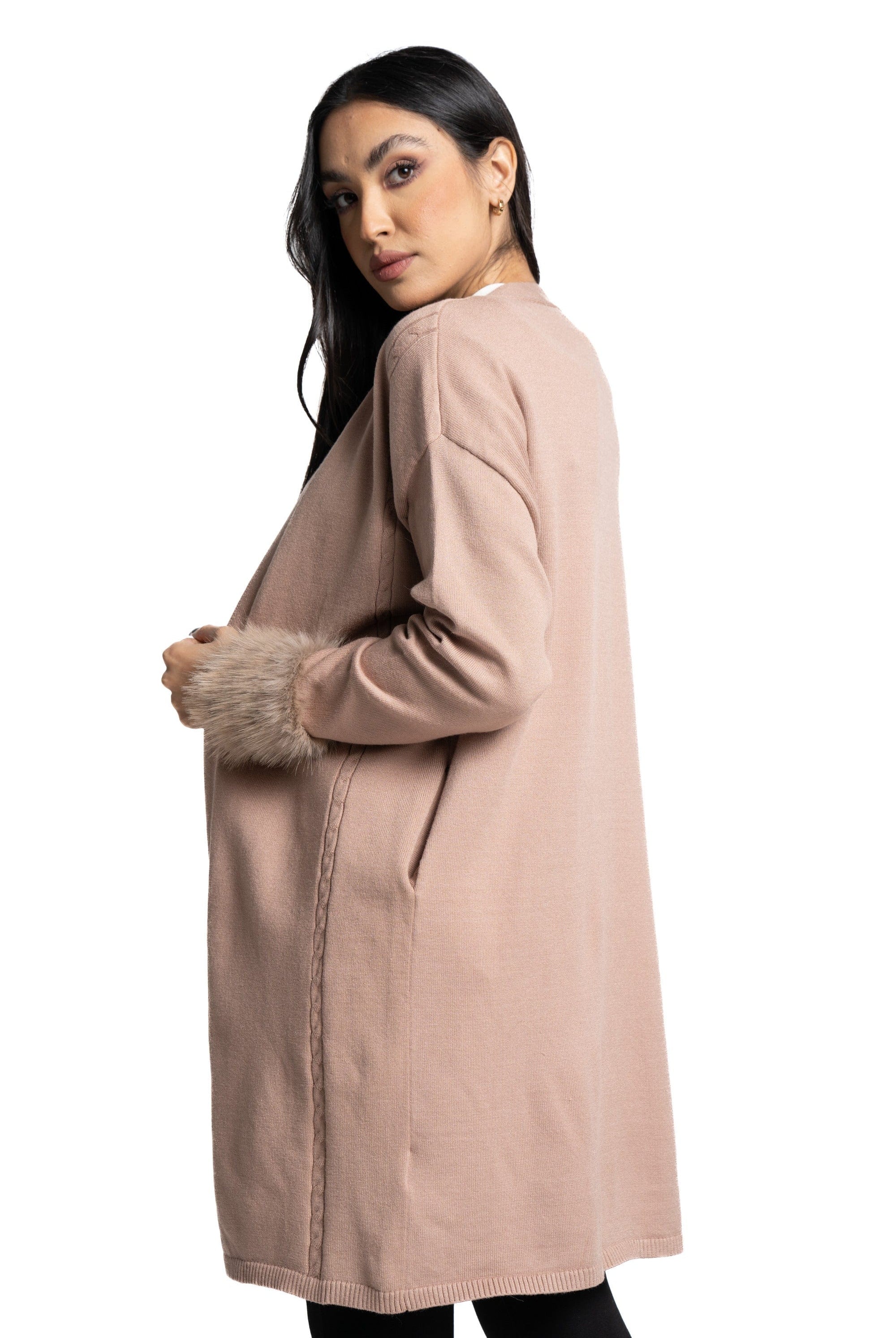 ميكا كارديجان طويل رسمى سادة مزين بفرو