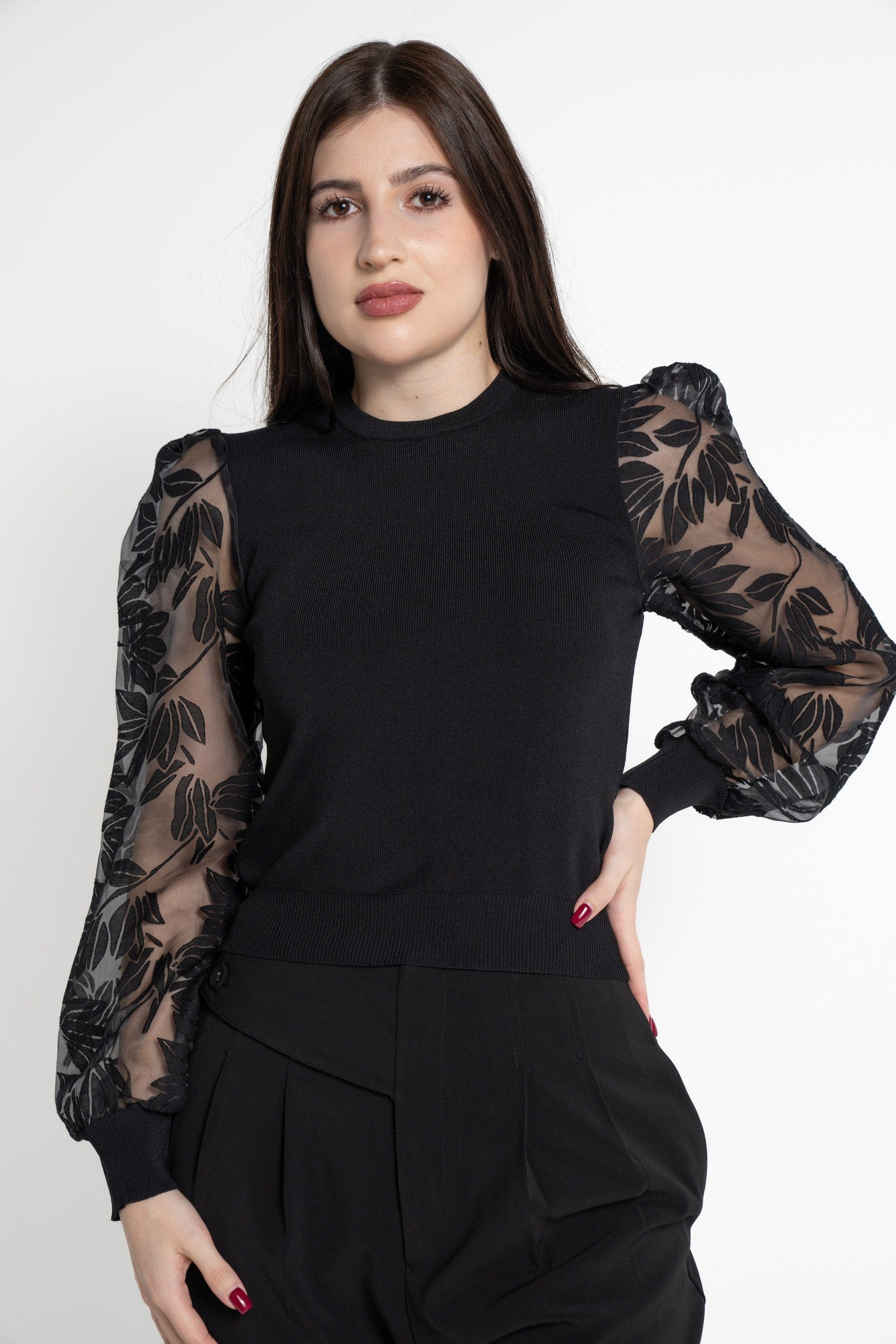 ميكا بلوزة بأكمام طويلة نسائية شفافة مطرزة