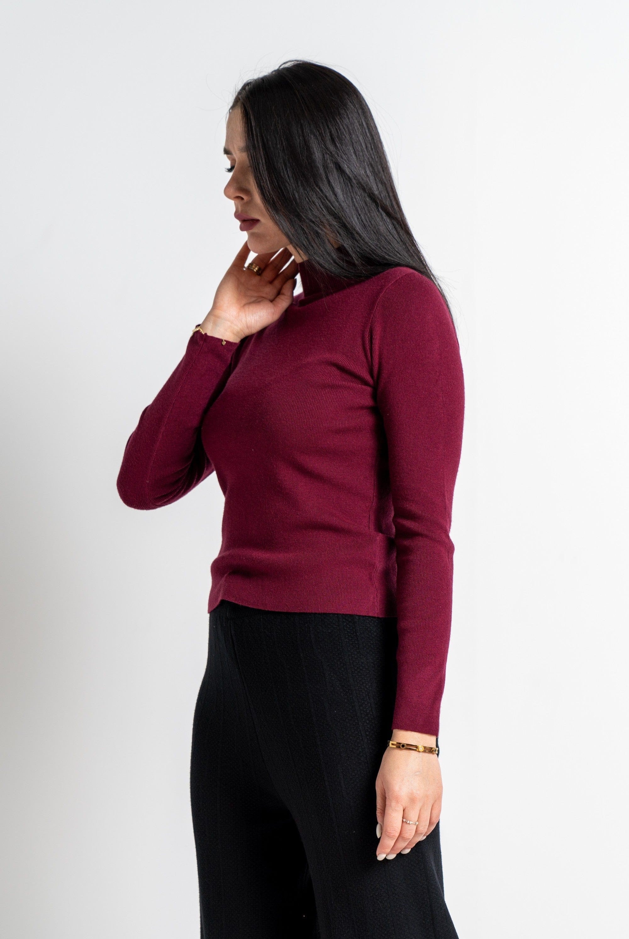 نتشي بلوزة بأكمام طويلة برقبة مرتفعة منسوجة