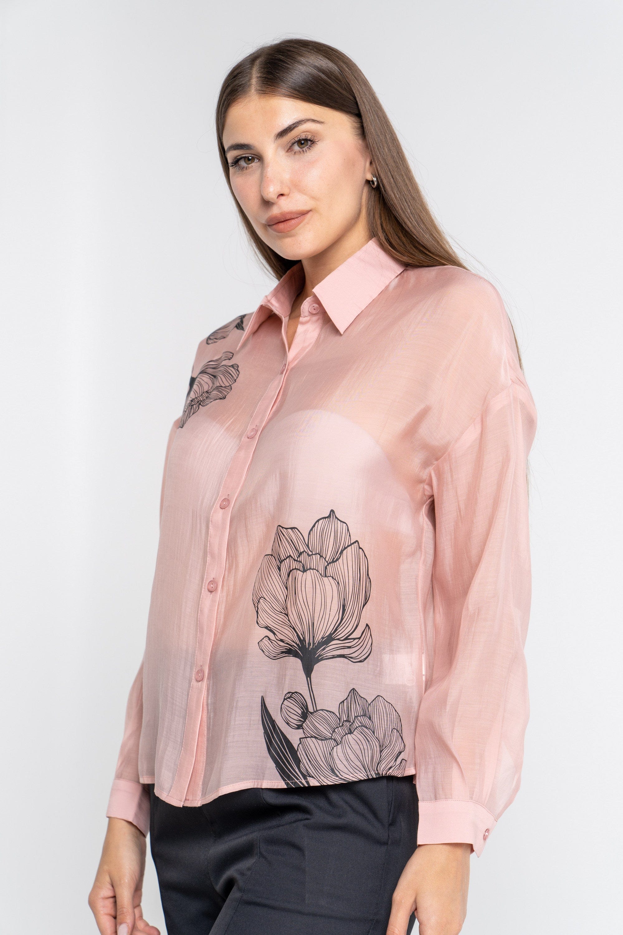 ميكا قميص سادة بطبعة ورد كم طويل نسائي