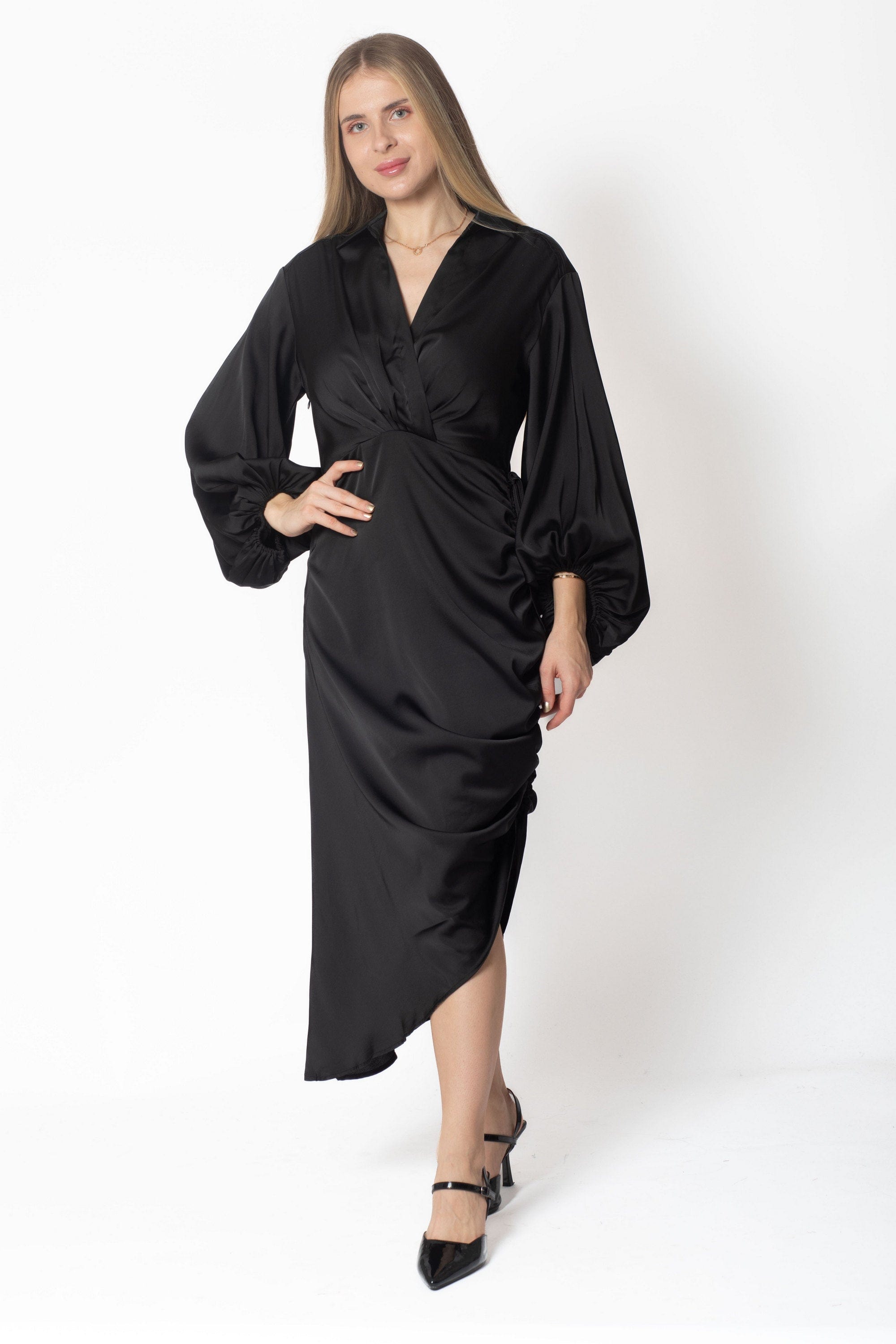 ميكا فستان ميدي سادة كم طويل واسع بف نسائي