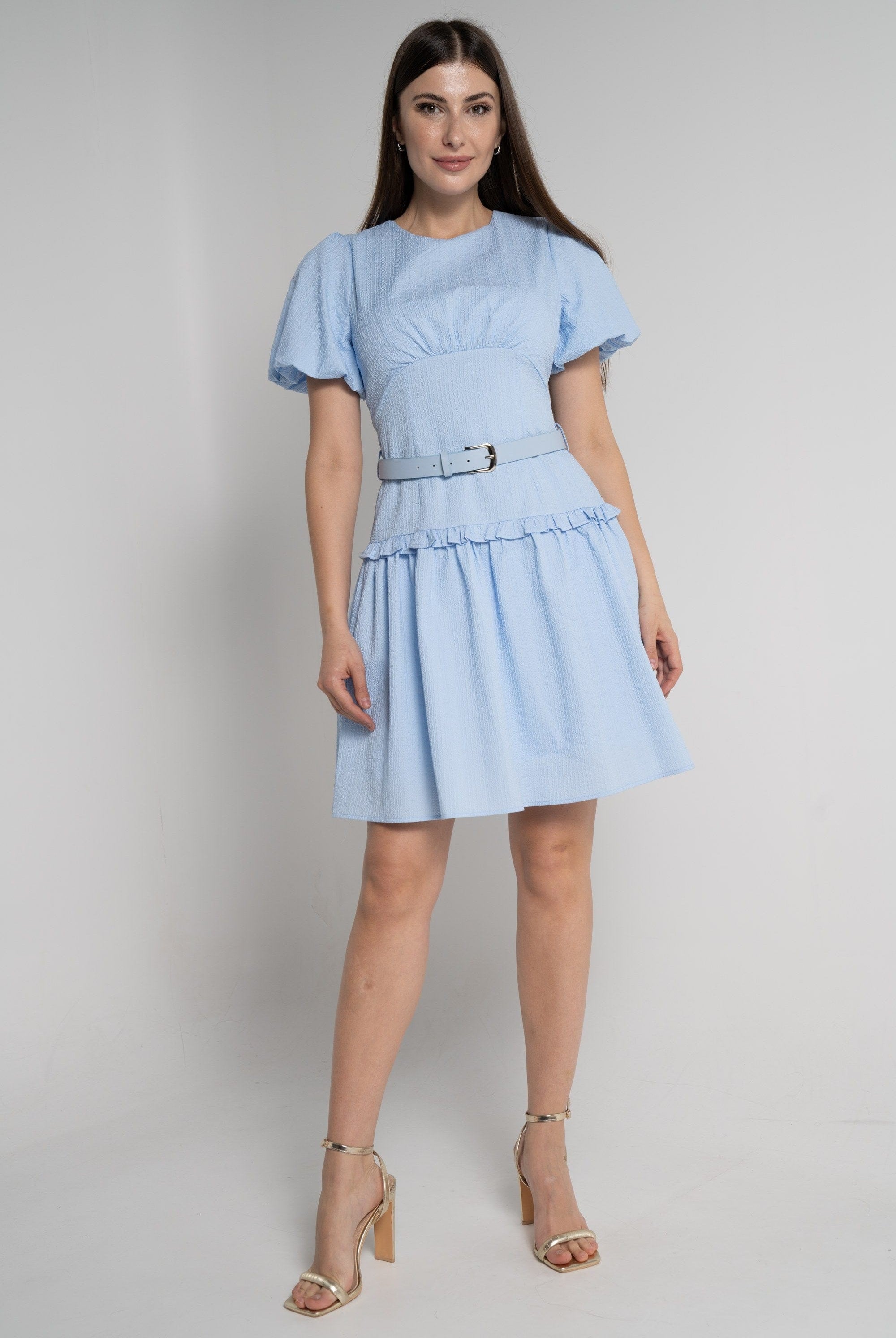 ميكا فستان بطول الركبة وأكمام قصيرة مخصر سادة نسائي