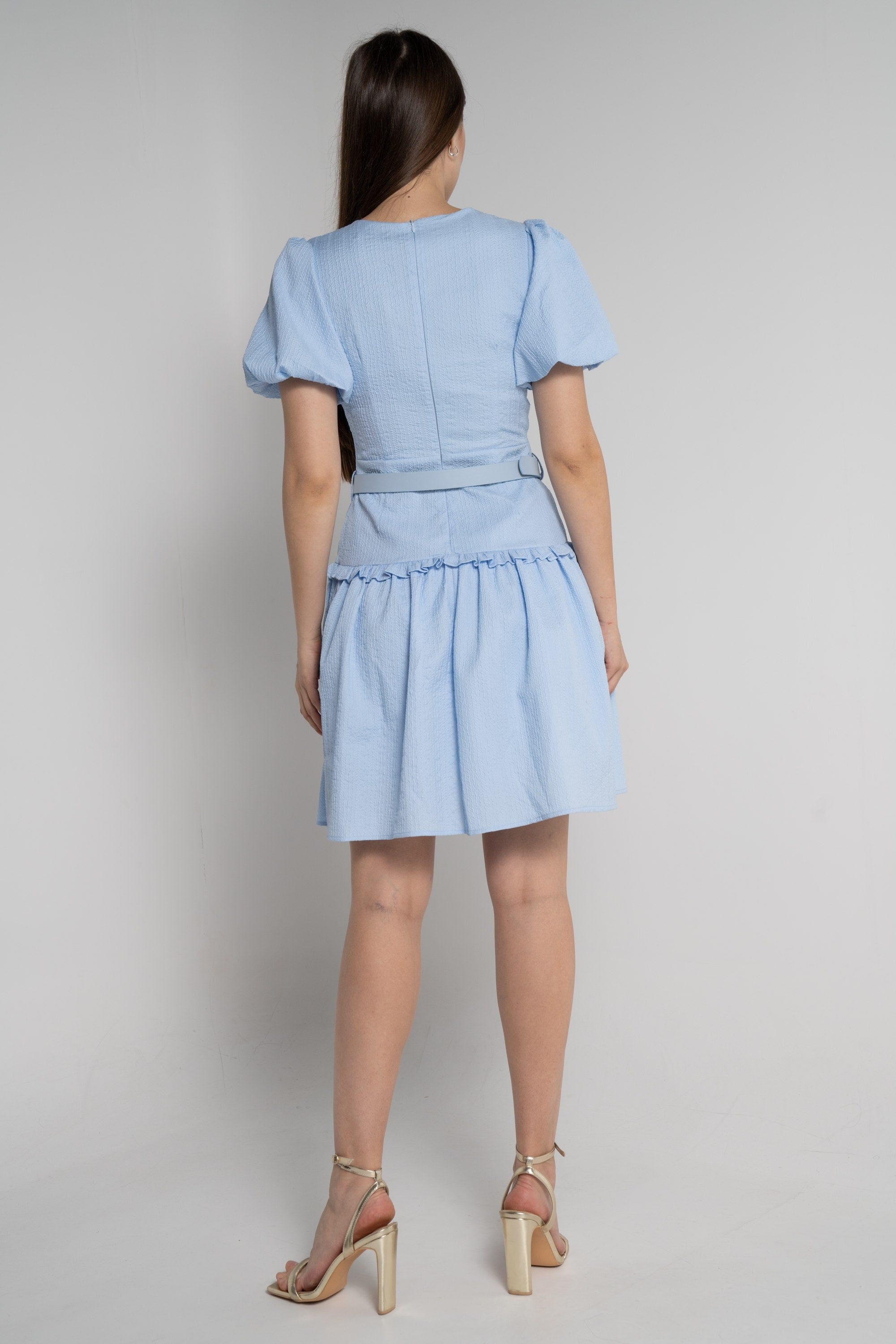 ميكا فستان بطول الركبة وأكمام قصيرة مخصر سادة نسائي