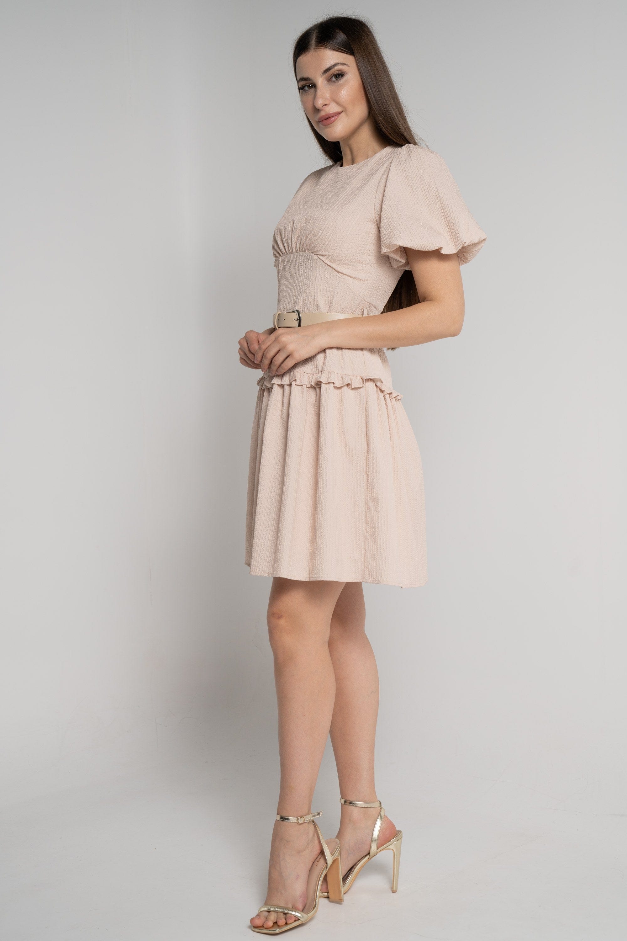 ميكا فستان بطول الركبة وأكمام قصيرة مخصر سادة نسائي