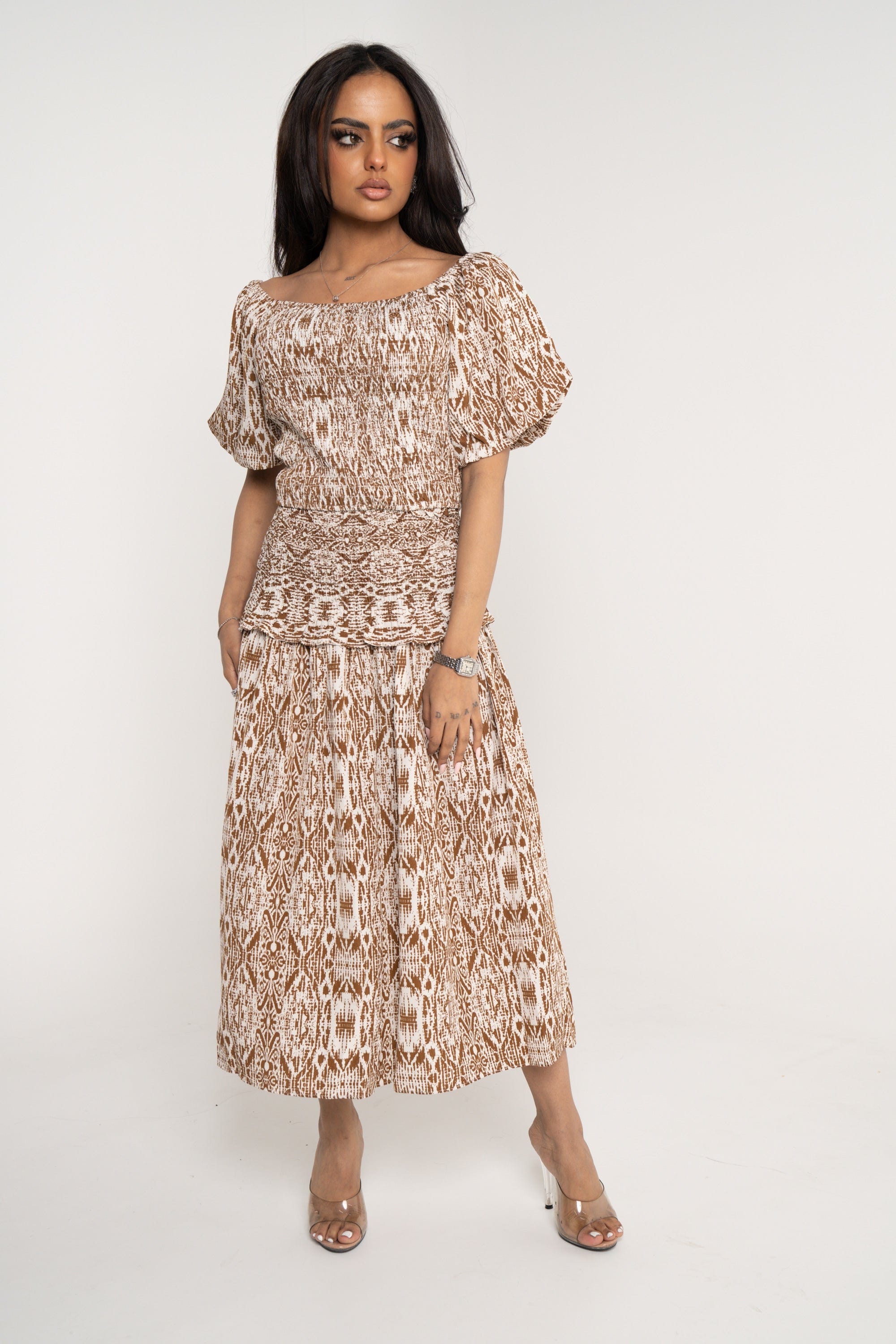 نتشي تنورة ميدي منقوشة خصر مرتفع نسائي