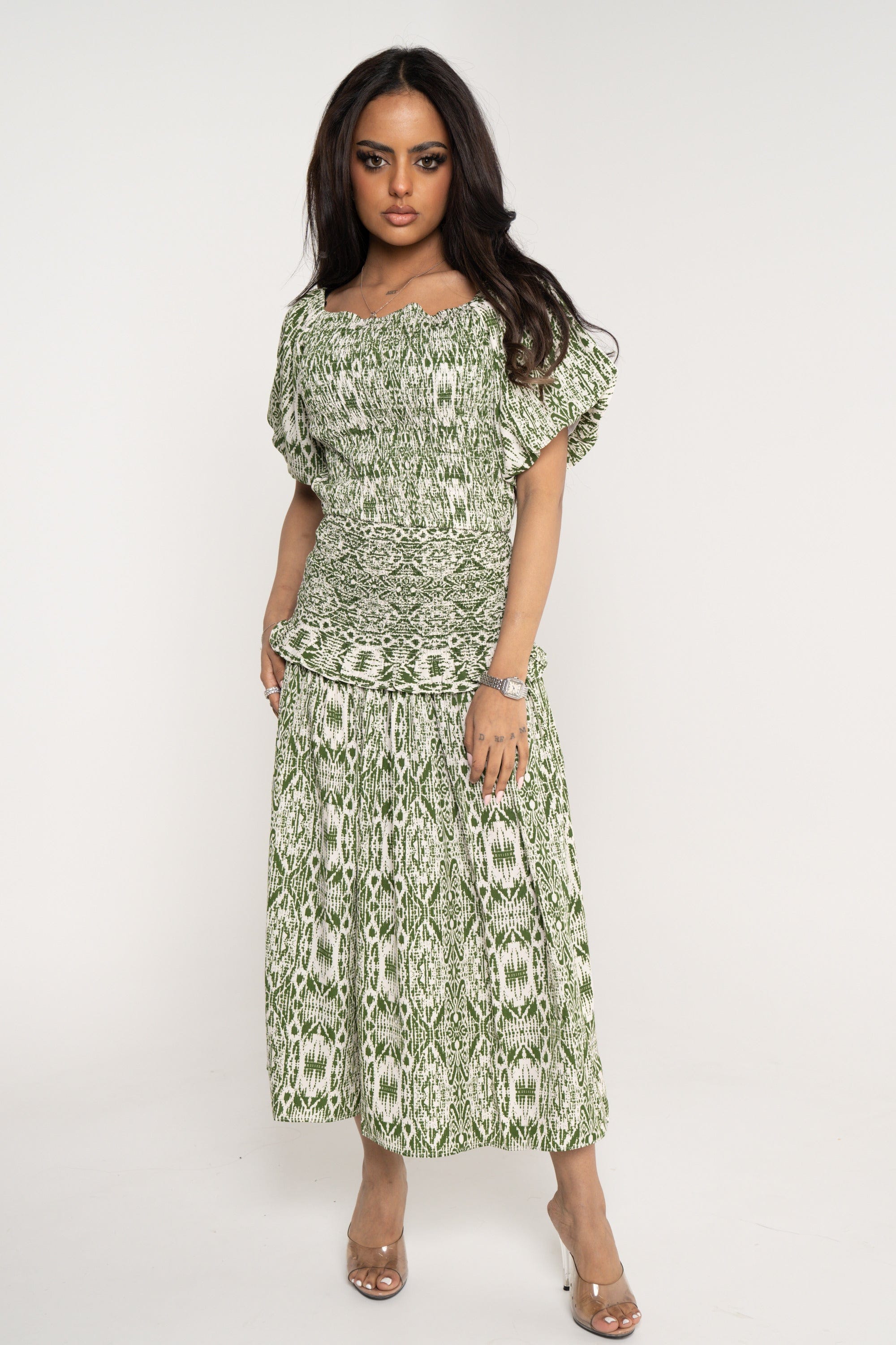 ميكا بلوزة منقوشة أنبوبية نص كم بف نسائي