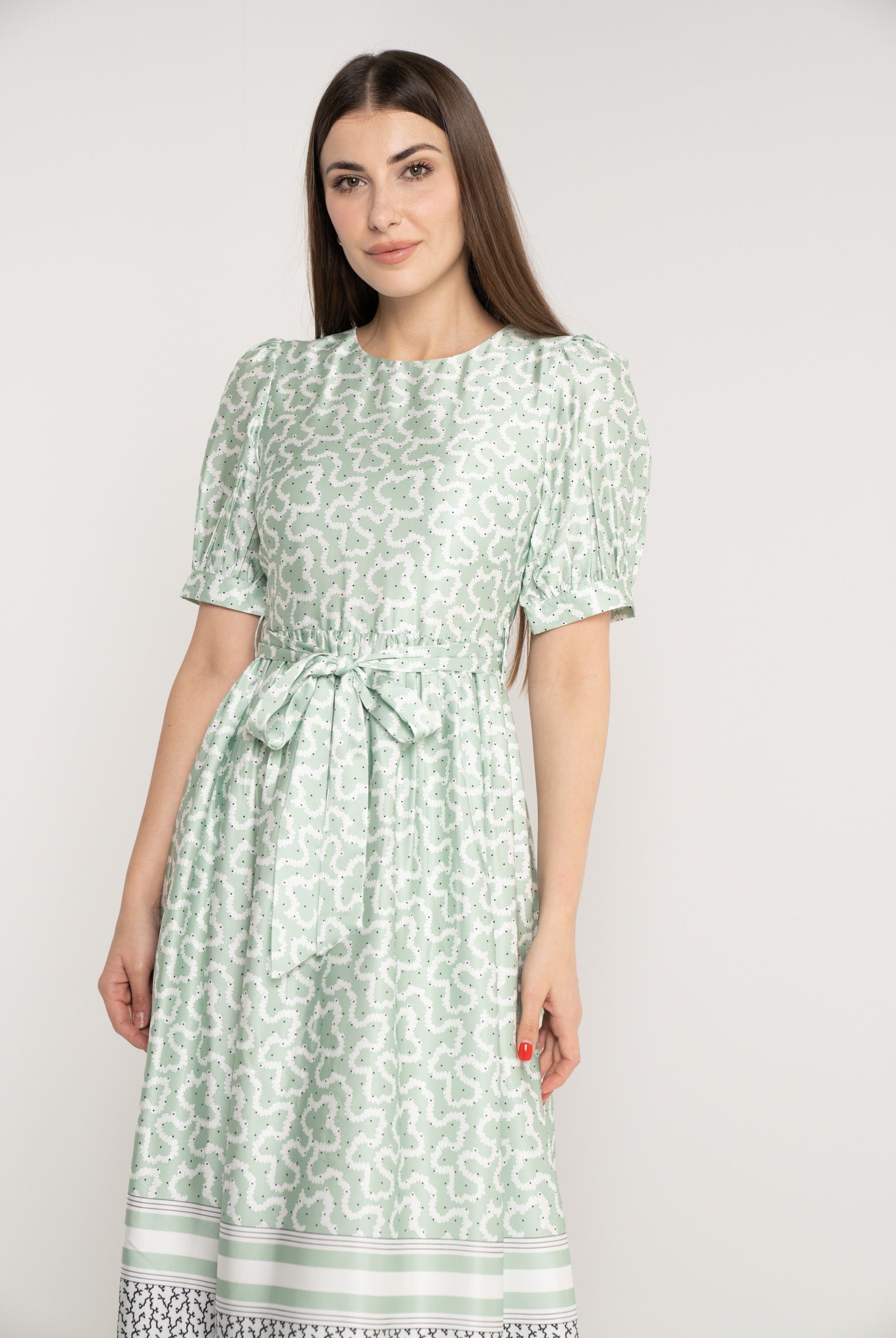 ميكا فستان ميدي مخصر برباط على الخصر نص كم بف نسائي