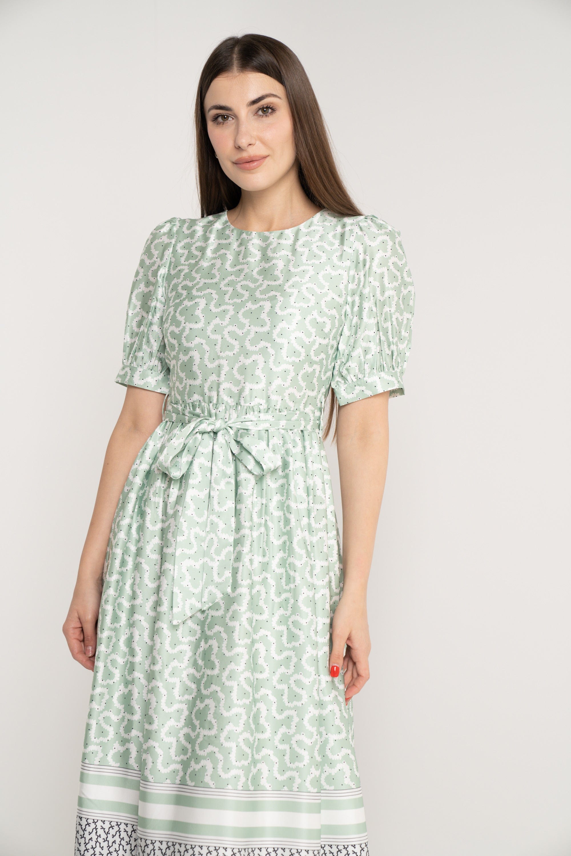 ميكا فستان ميدي مخصر برباط على الخصر نص كم بف نسائي