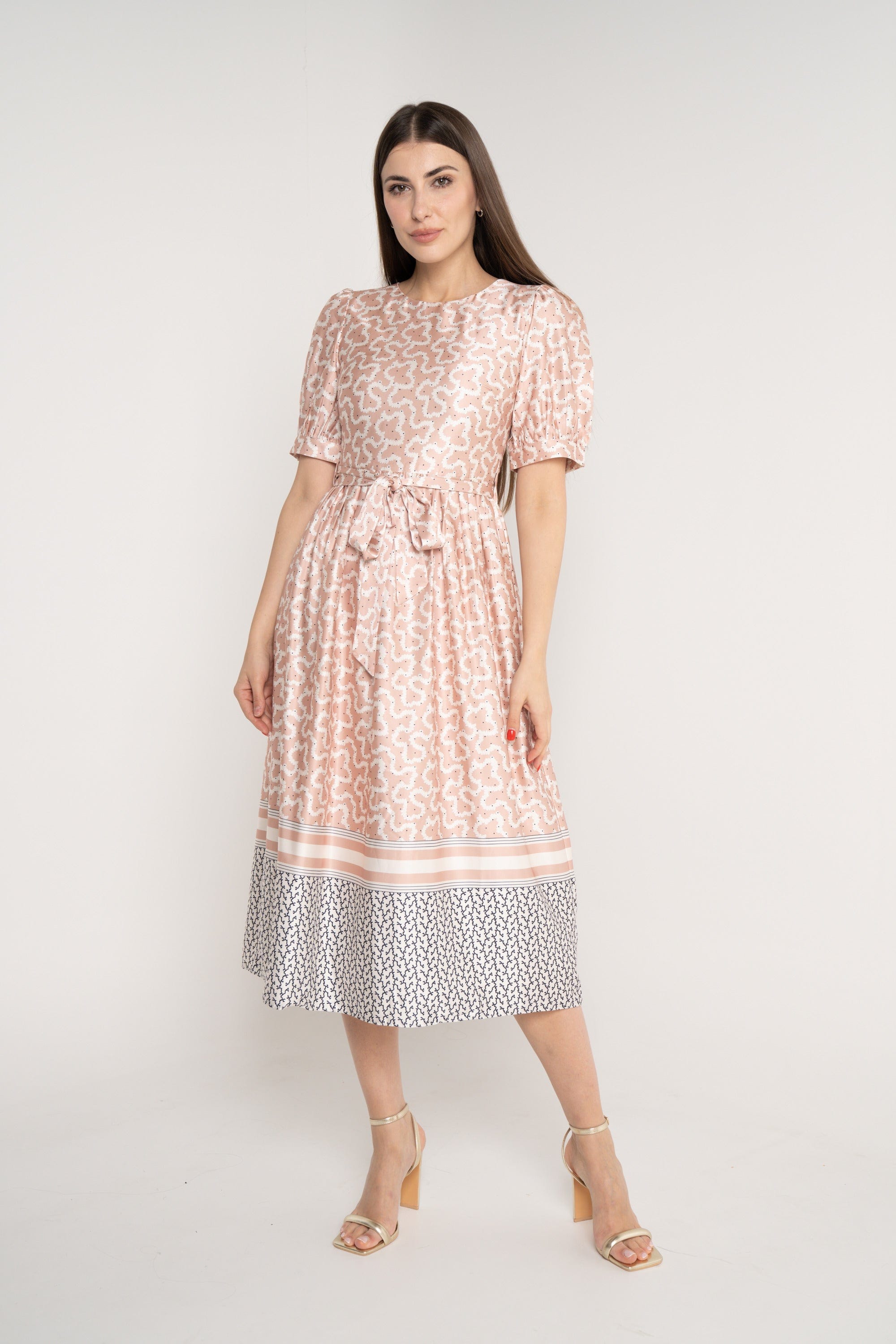 ميكا فستان ميدي مخصر برباط على الخصر نص كم بف نسائي