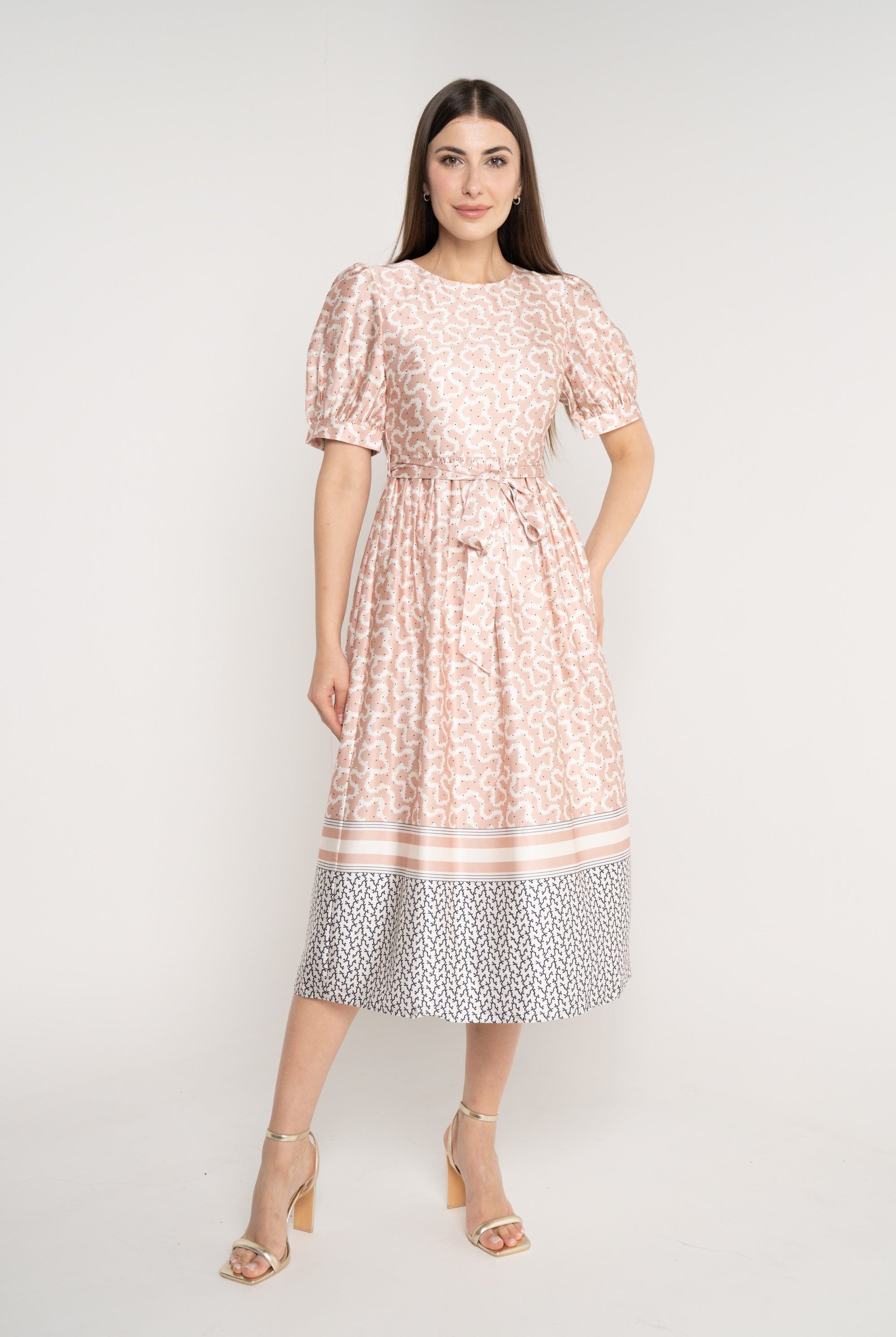 ميكا فستان ميدي مخصر برباط على الخصر نص كم بف نسائي