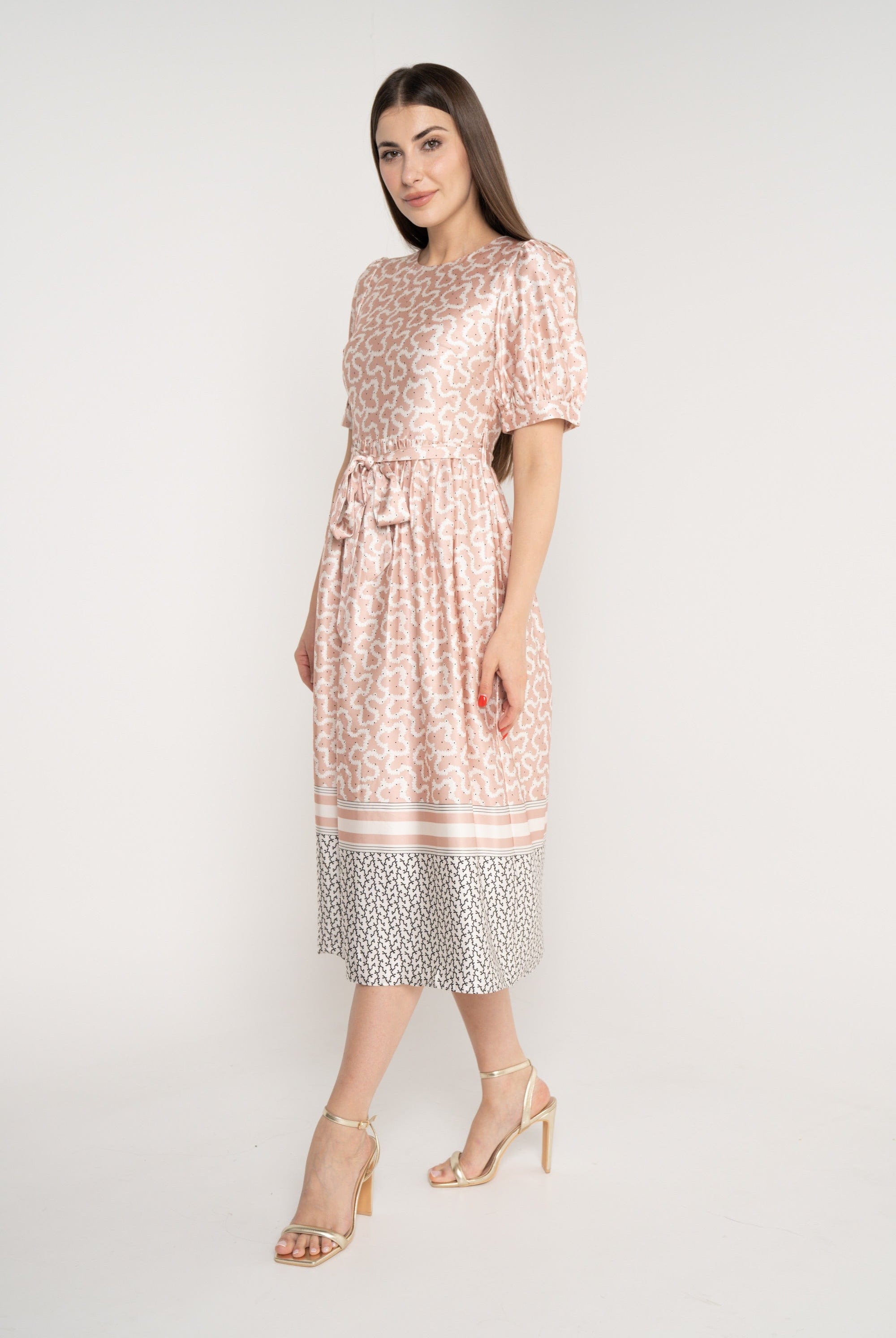 ميكا فستان ميدي مخصر برباط على الخصر نص كم بف نسائي