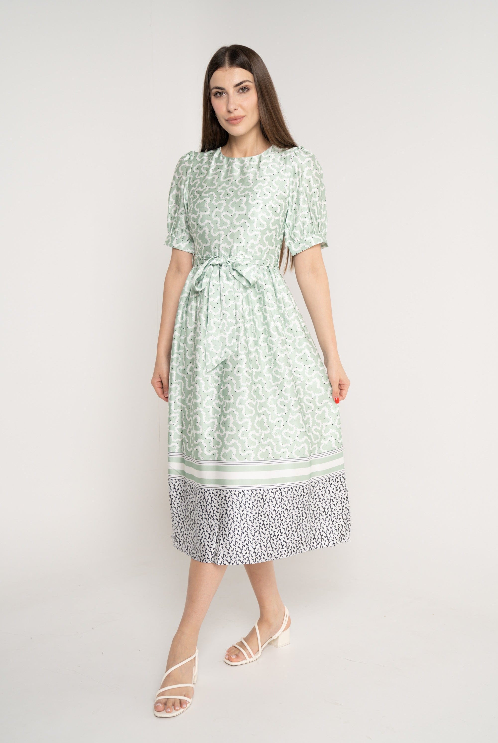 ميكا فستان ميدي مخصر برباط على الخصر نص كم بف نسائي