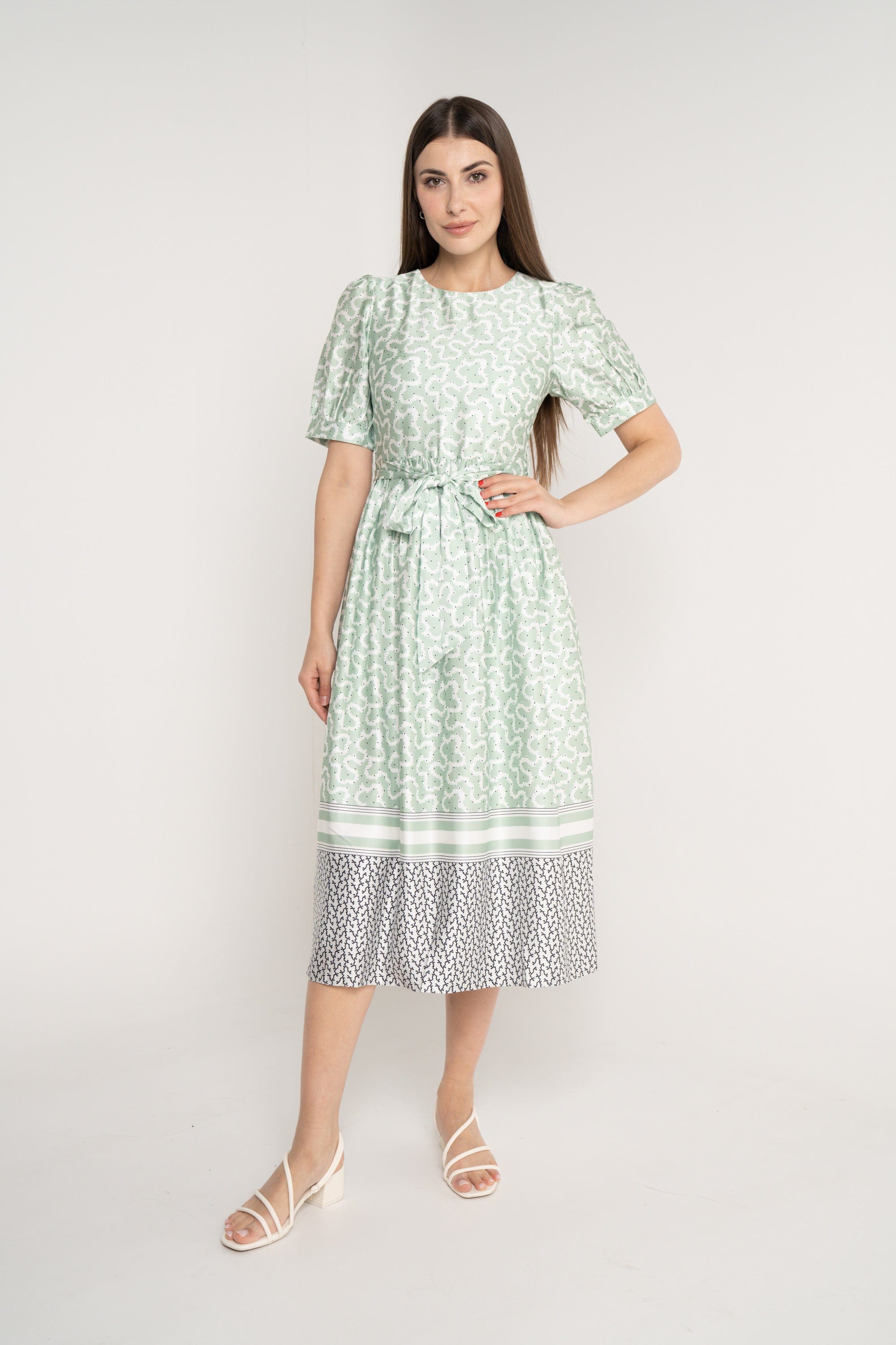 ميكا فستان ميدي مخصر برباط على الخصر نص كم بف نسائي