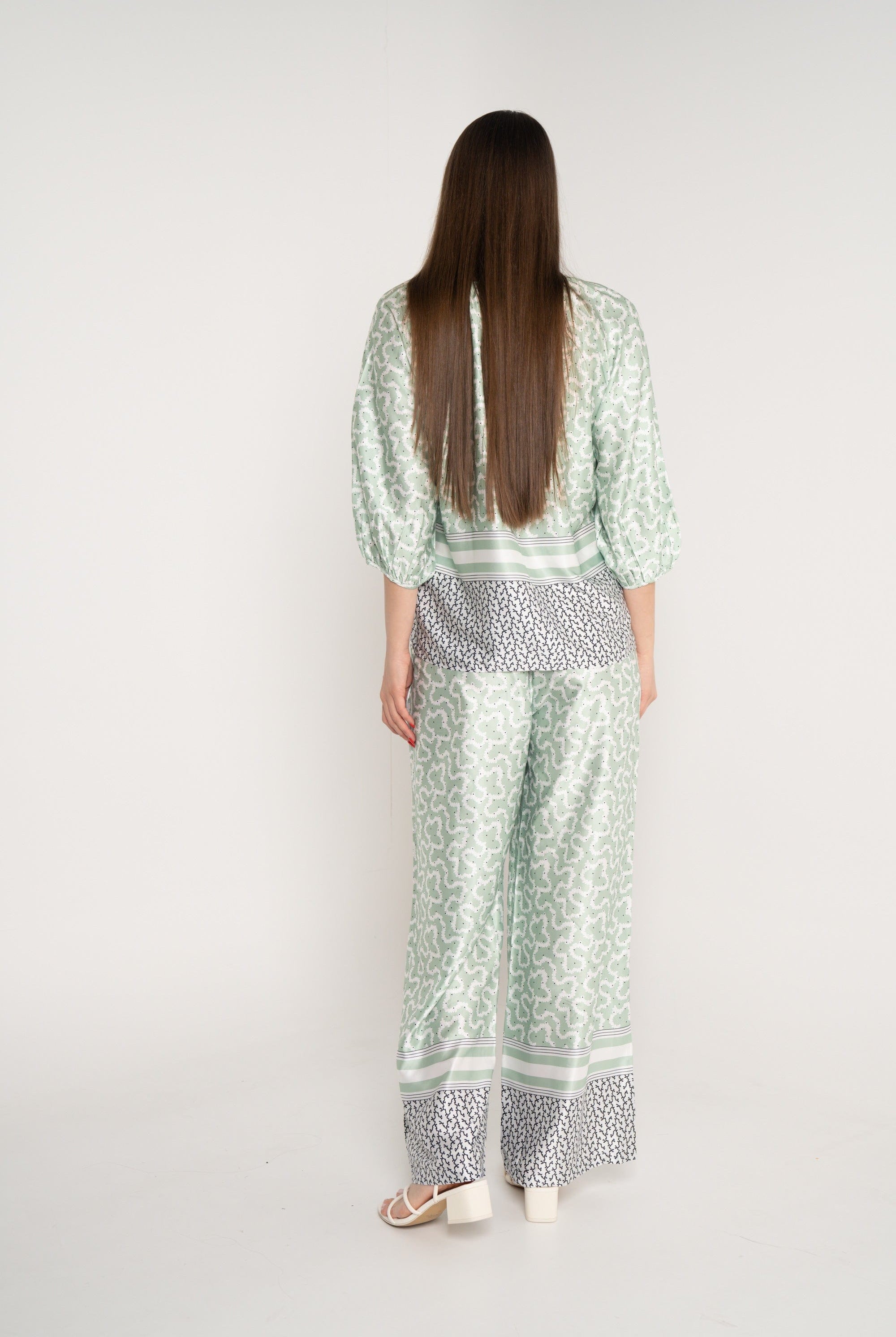 ميكا بنطلون طويل منقوش واسع سادة خصر مرتفع