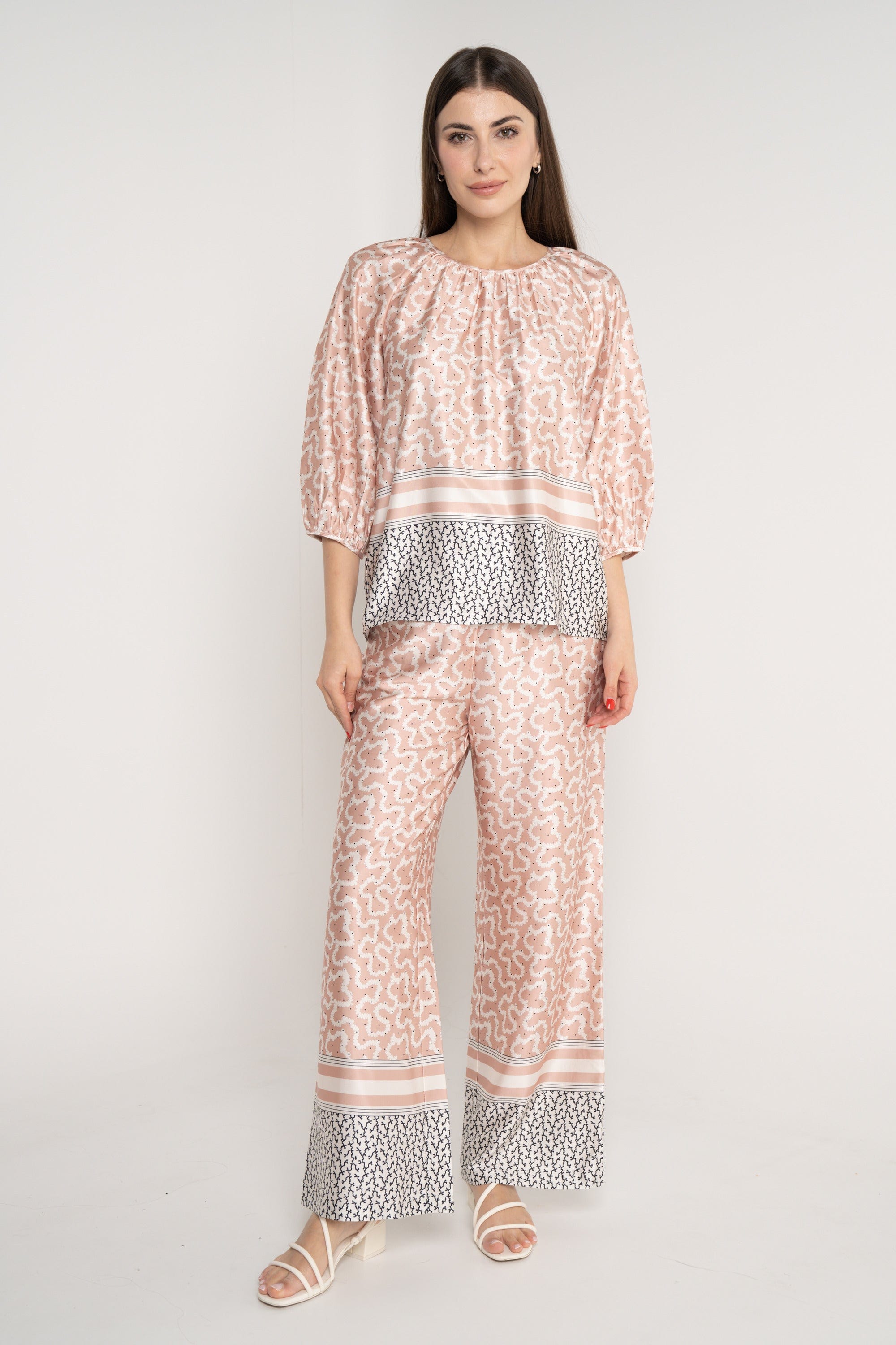 ميكا بنطلون طويل منقوش واسع سادة خصر مرتفع