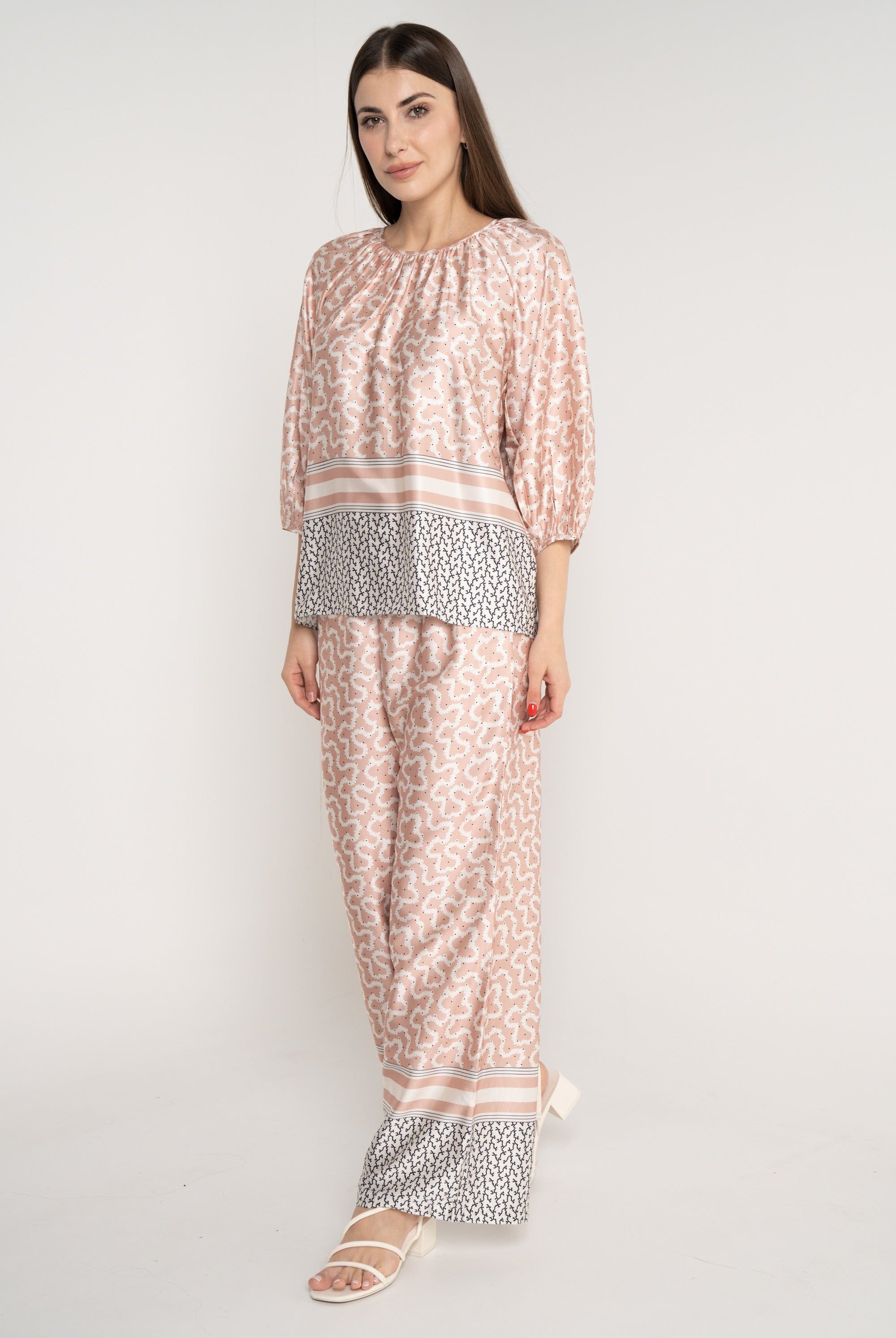 ميكا بنطلون طويل منقوش واسع سادة خصر مرتفع