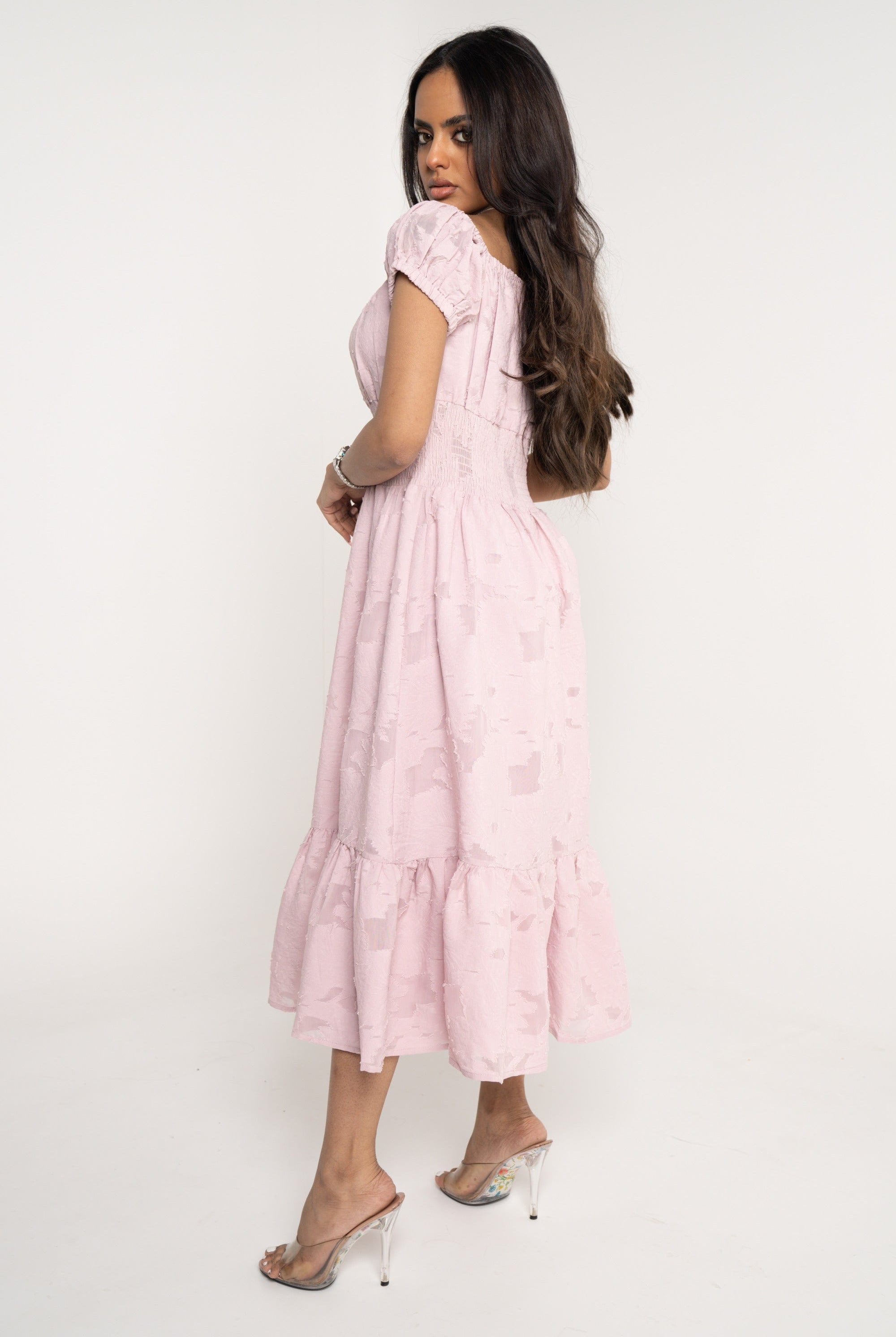 ميكا فستان ميدي مخصر كم قصير بفتحة رقبة دائرية