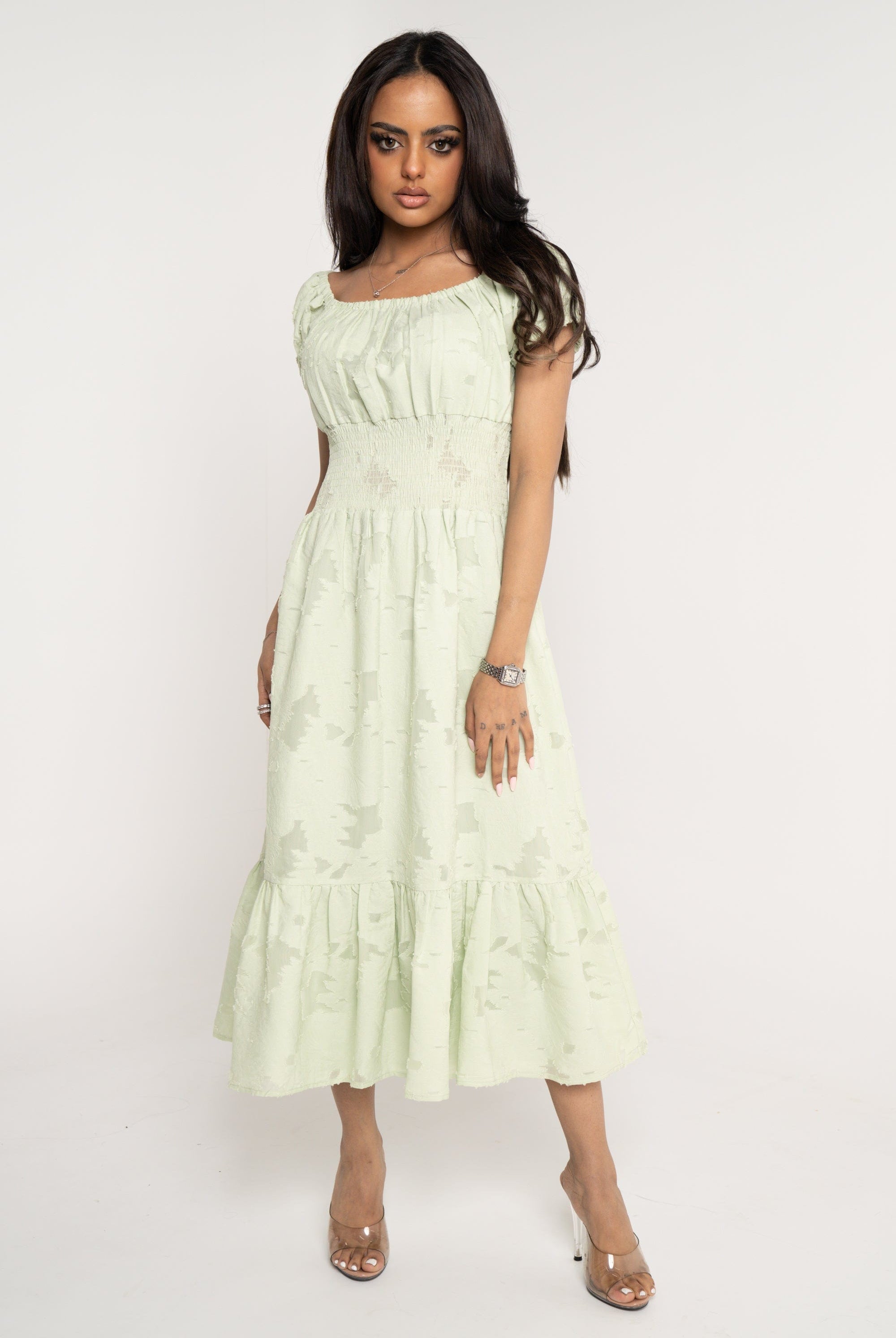 ميكا فستان ميدي مخصر كم قصير بفتحة رقبة دائرية