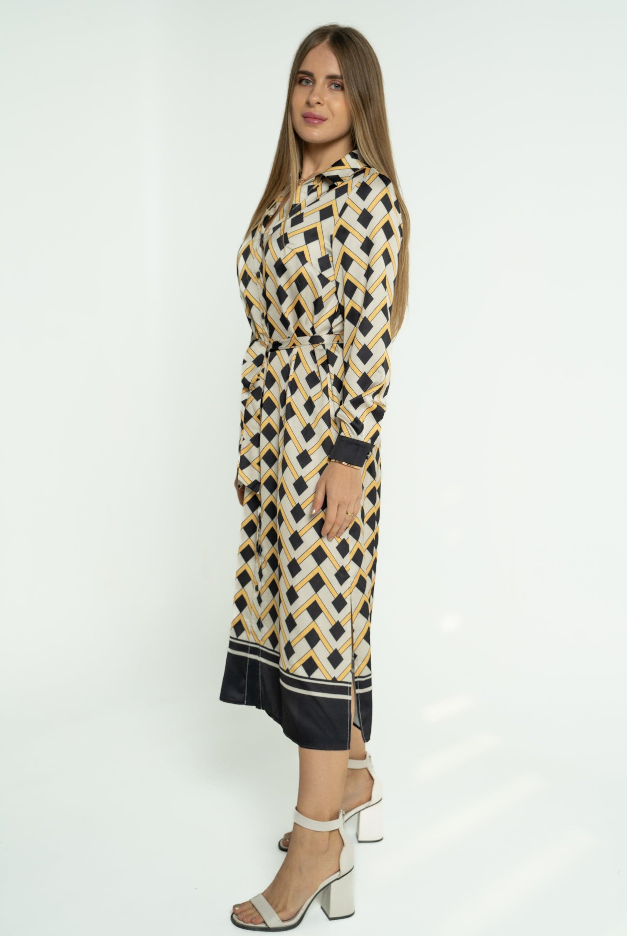 ميكا قميص طويل منقوش برباط على الخصر بأكمام طويلة