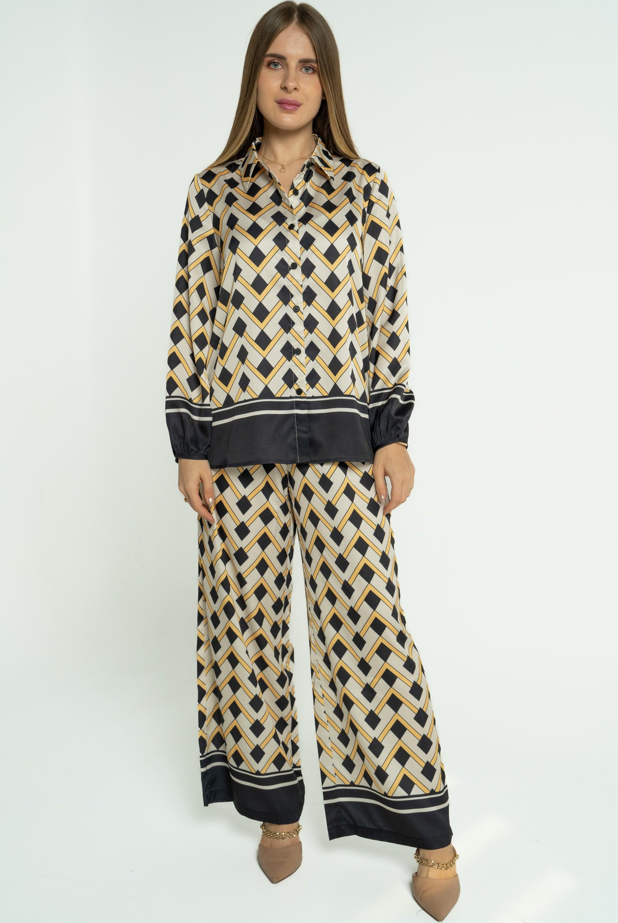 ميكا قميص أشكال هندسية بأكمام طويلة