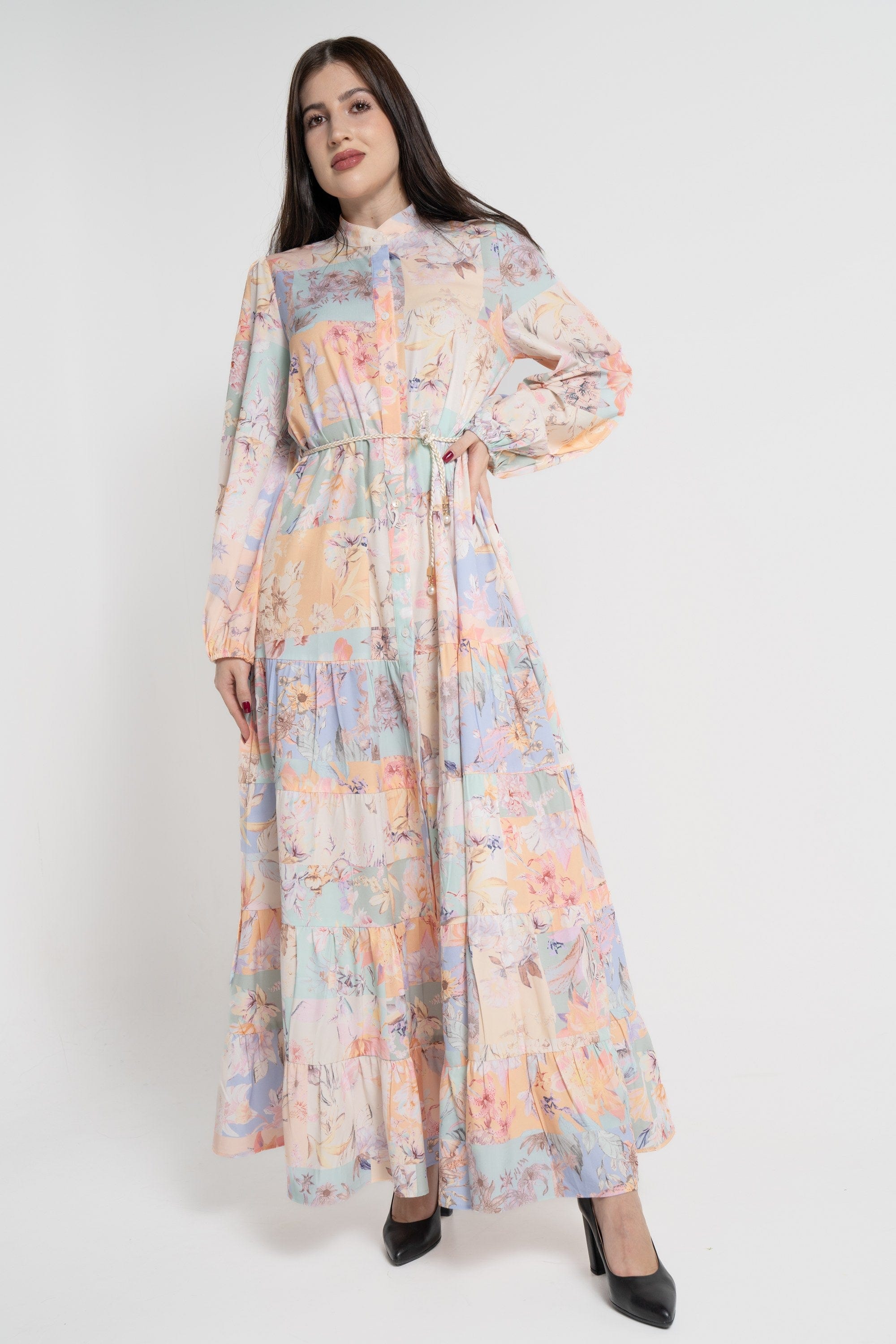 ميكا فستان ماكسي بأكمام طويلة موردة مخصرة نسائي برتقالي