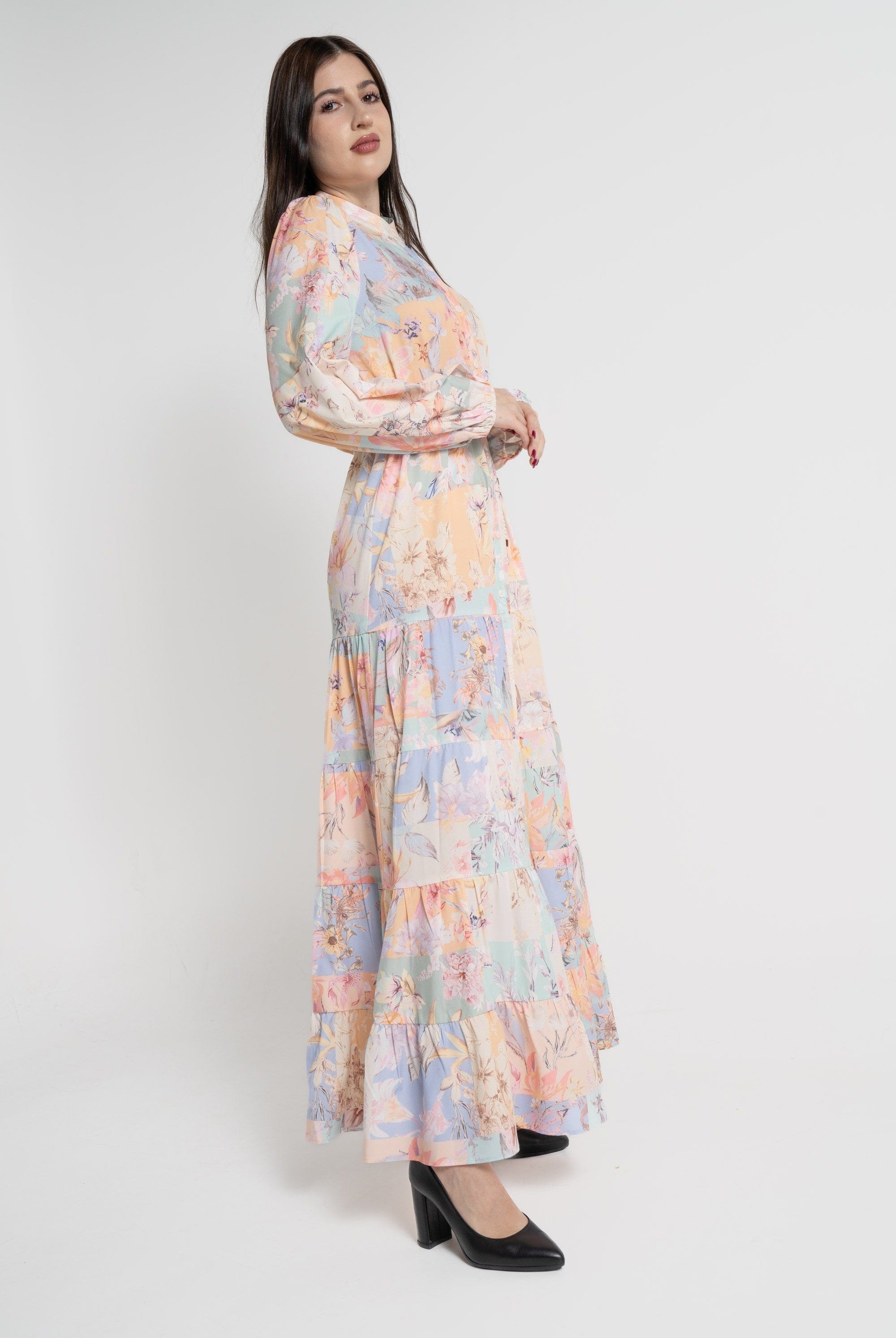 ميكا فستان ماكسي بأكمام طويلة موردة مخصرة نسائي برتقالي