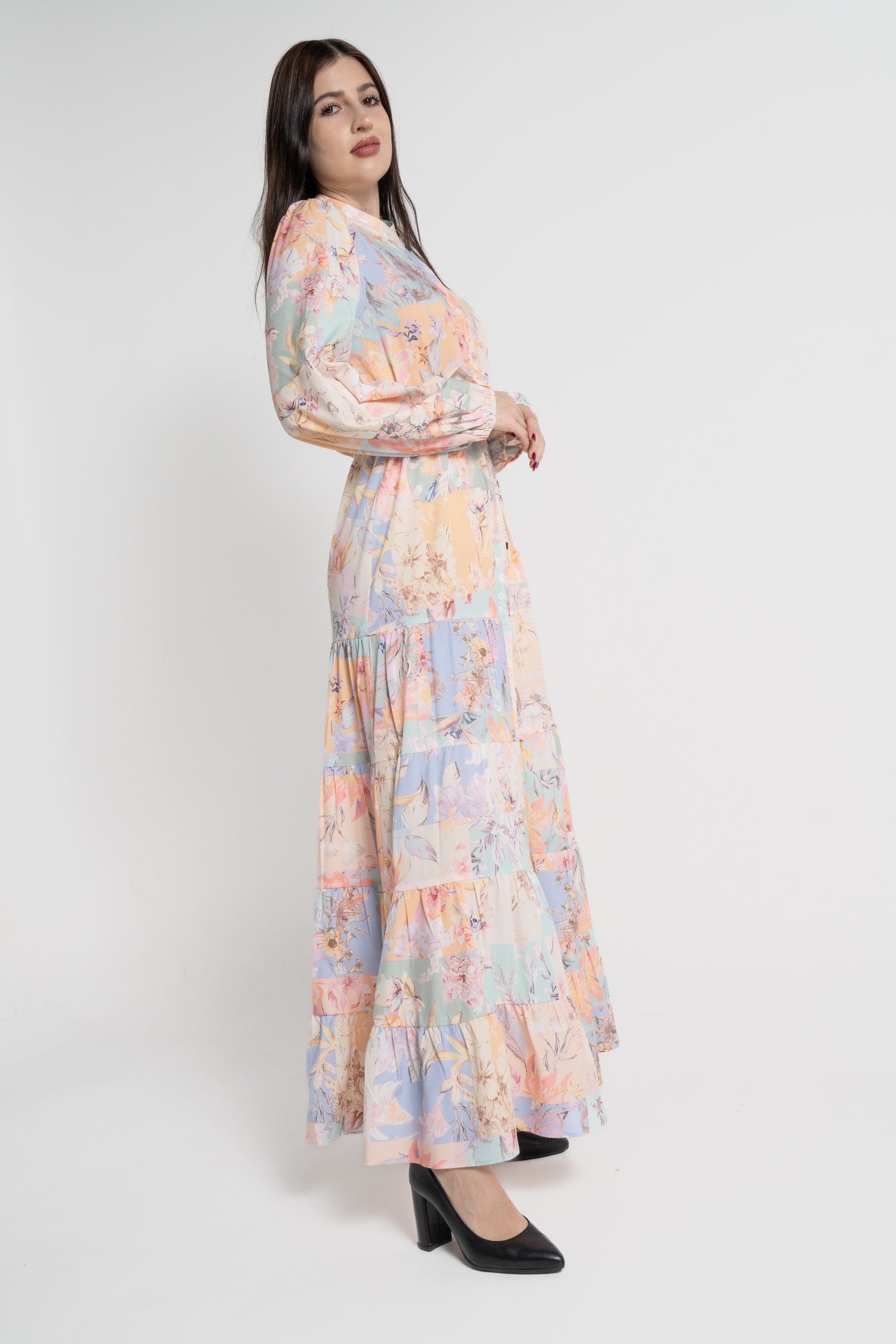 ميكا فستان ماكسي بأكمام طويلة موردة مخصرة نسائي برتقالي