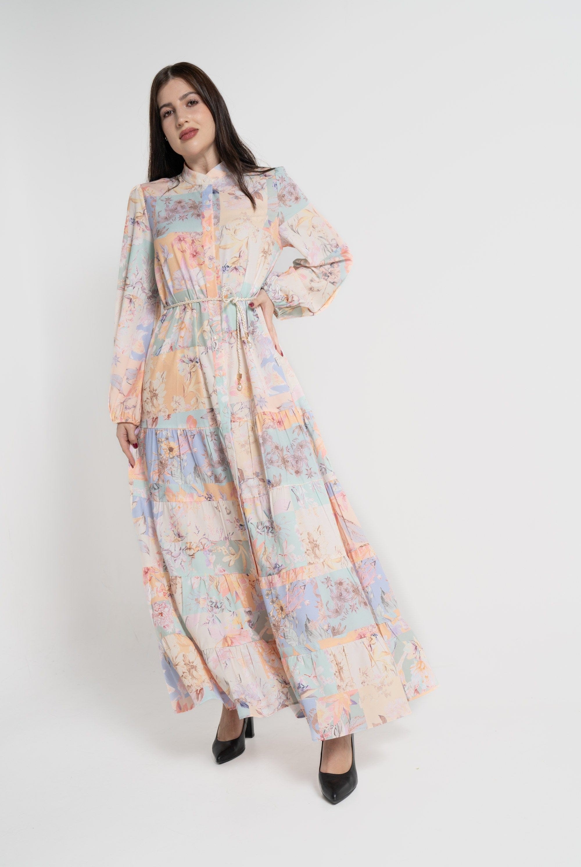 ميكا فستان ماكسي بأكمام طويلة موردة مخصرة نسائي برتقالي