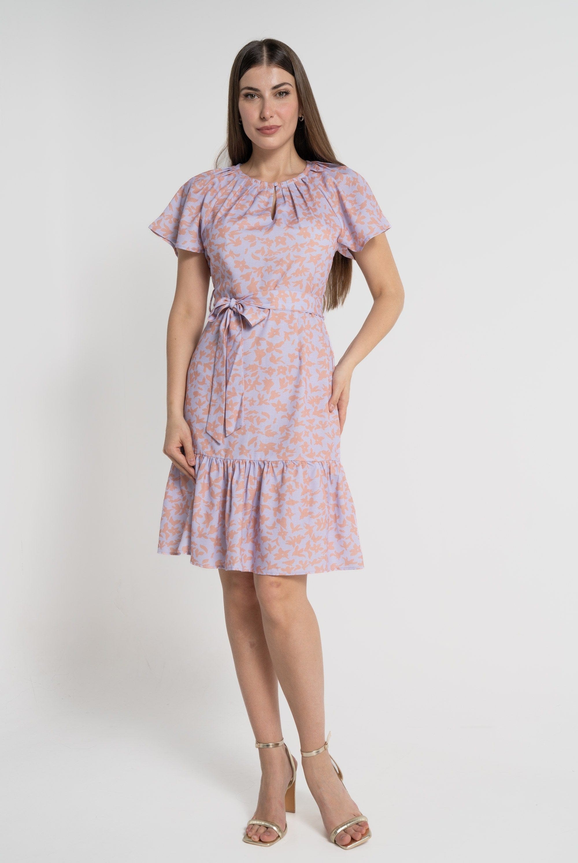 ميكا فستان بطول الركبة وأكمام قصيرة مورد كم قصير نسائي