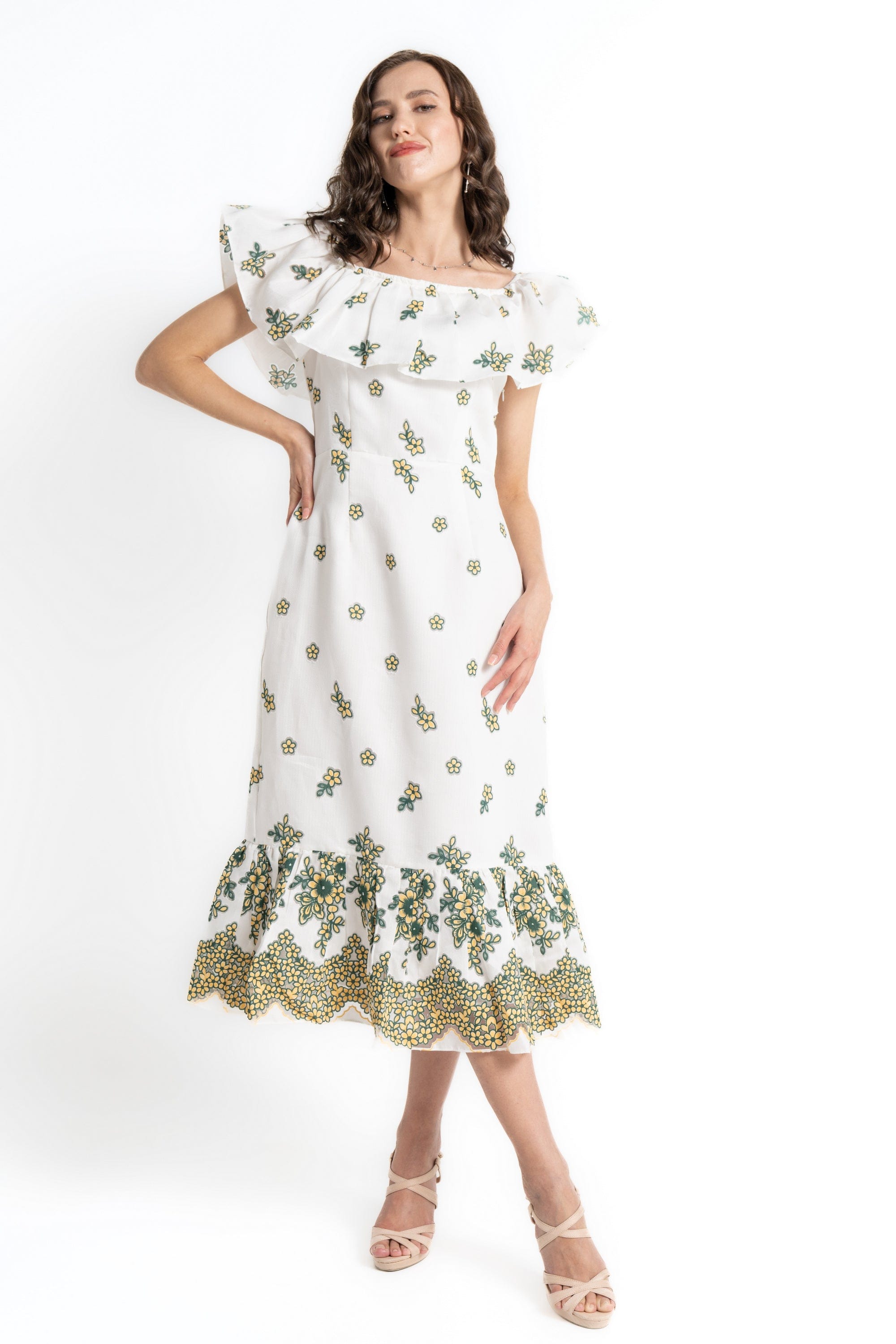 ميكا فستان ميدي بأكمام قصيرة بكرانيش أصفر