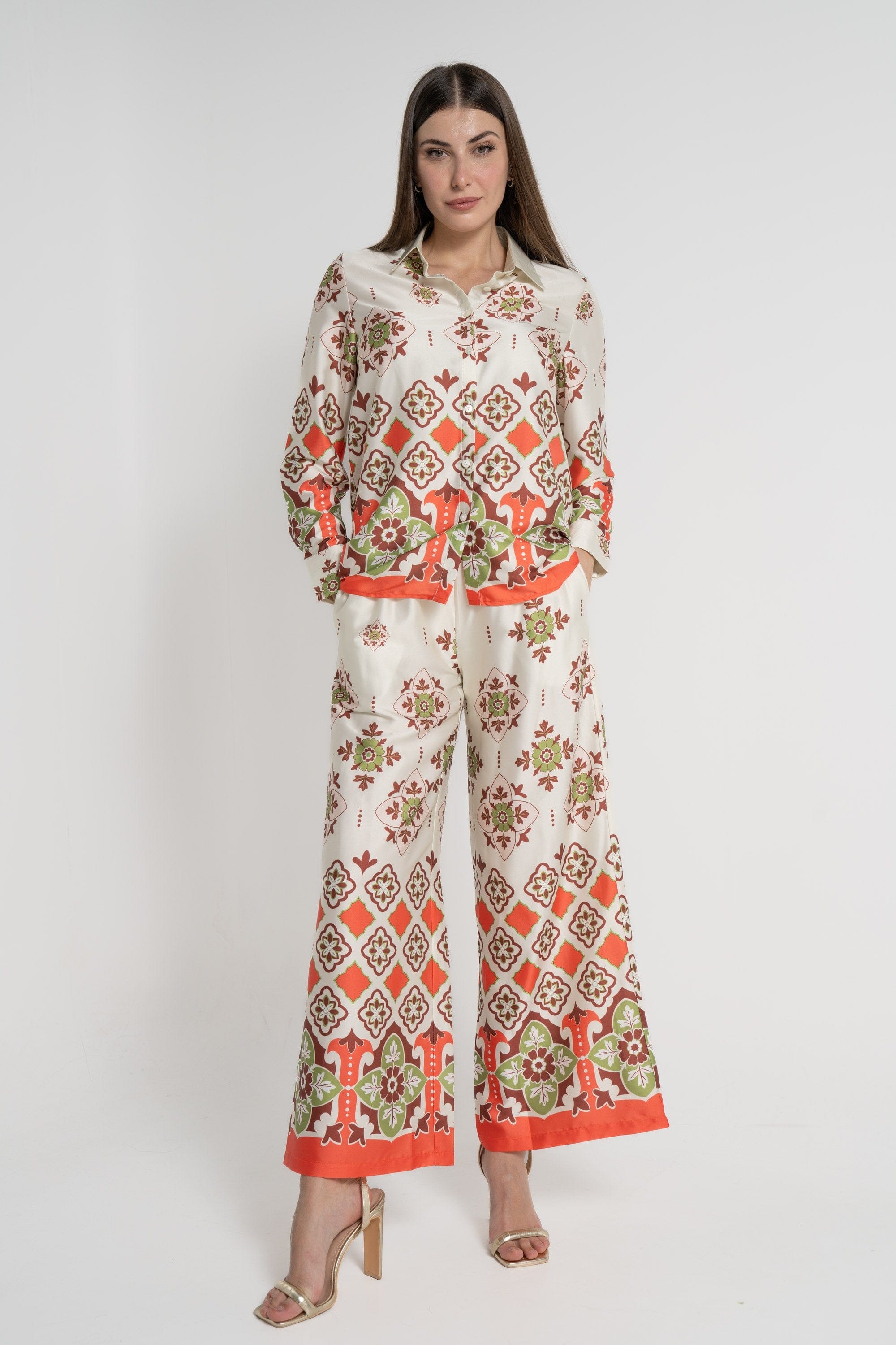 ميكا قميص بأكمام طويلة منقوش بأزرار أمامية نسائي أخضر فاتح