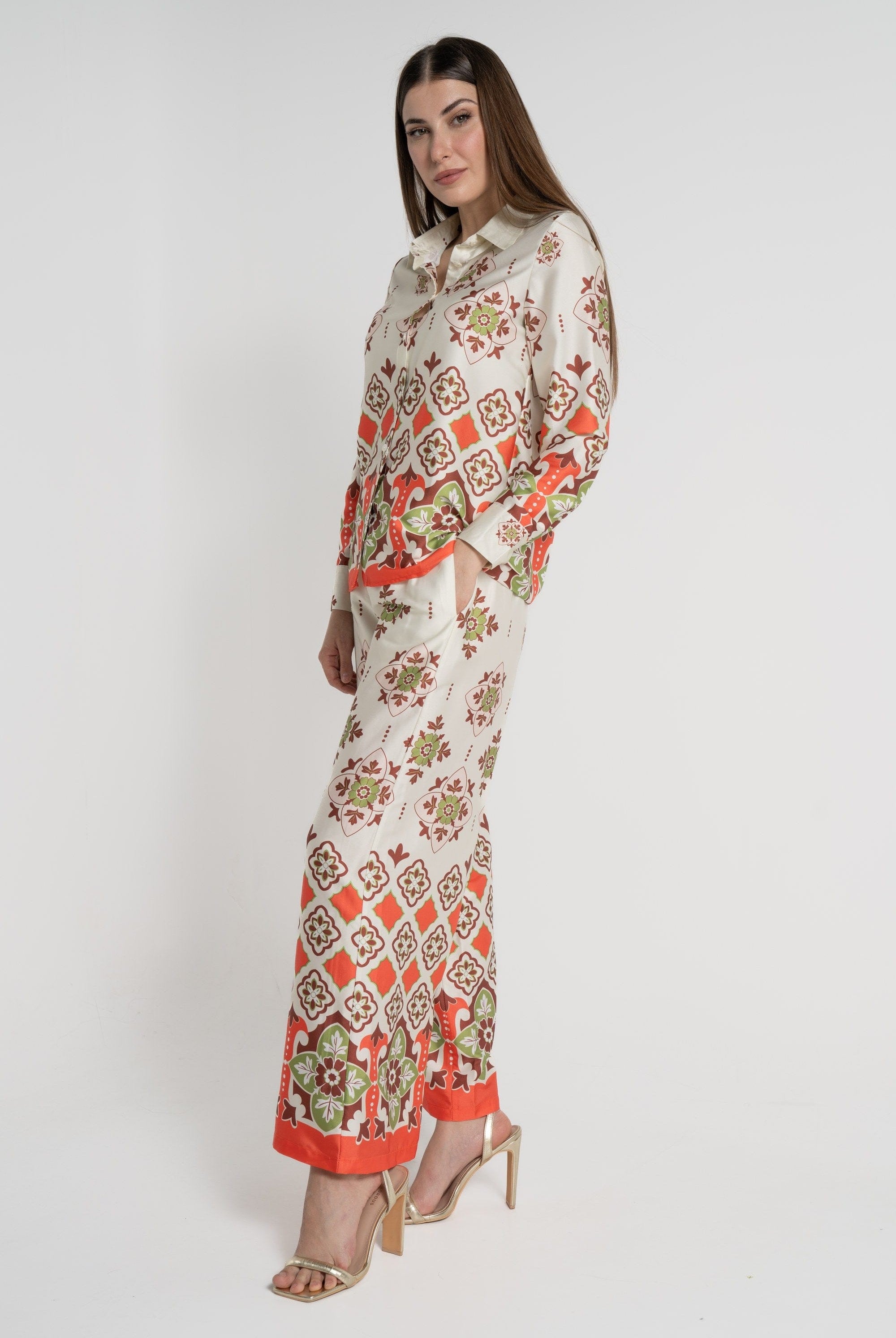 ميكا بنطلون طويل كلاسيك بزرار أمامي خصر مرتفع نسائي أخضر فاتح