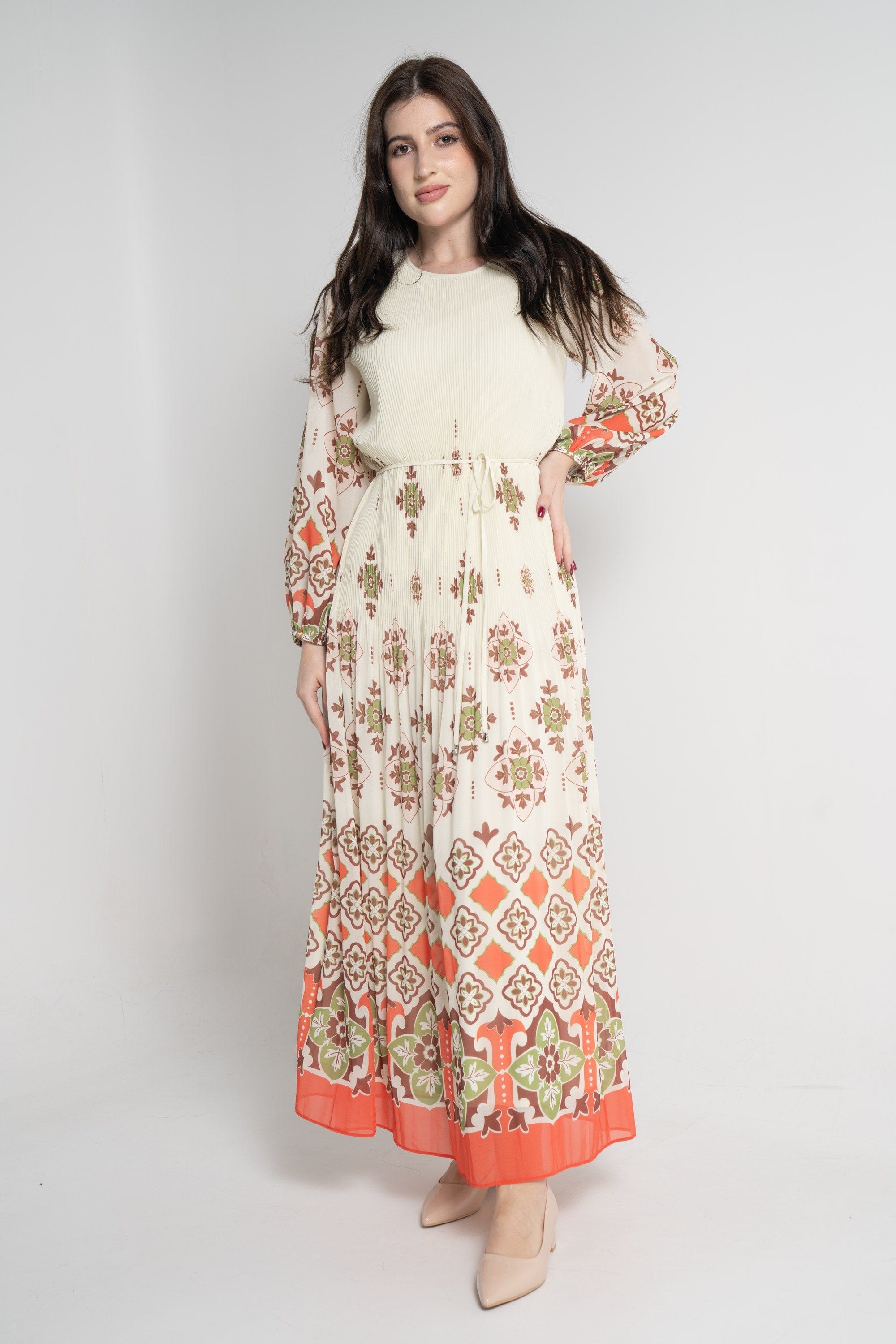 ميكا فستان ماكسي بأكمام 3/4 مورد نسائي أخضر فاتح